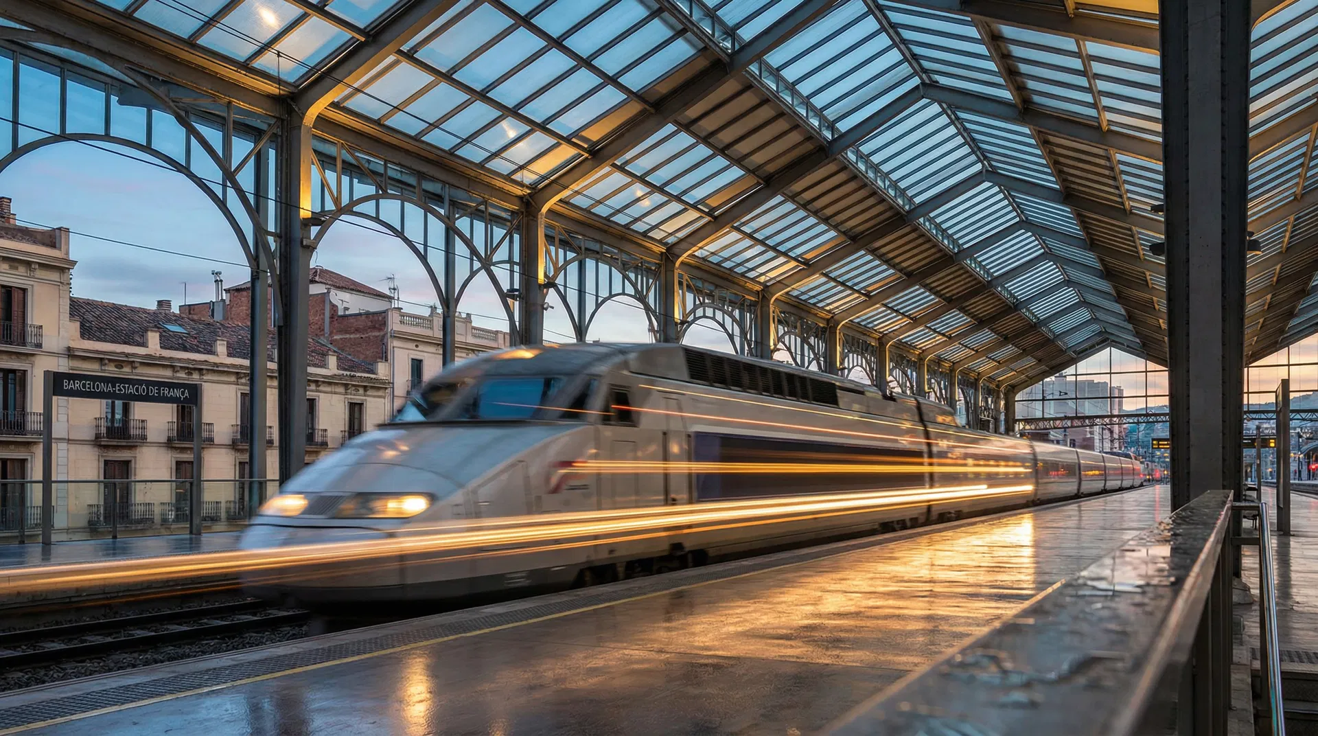 Tren de alta velocidad en estación europea al atardecer