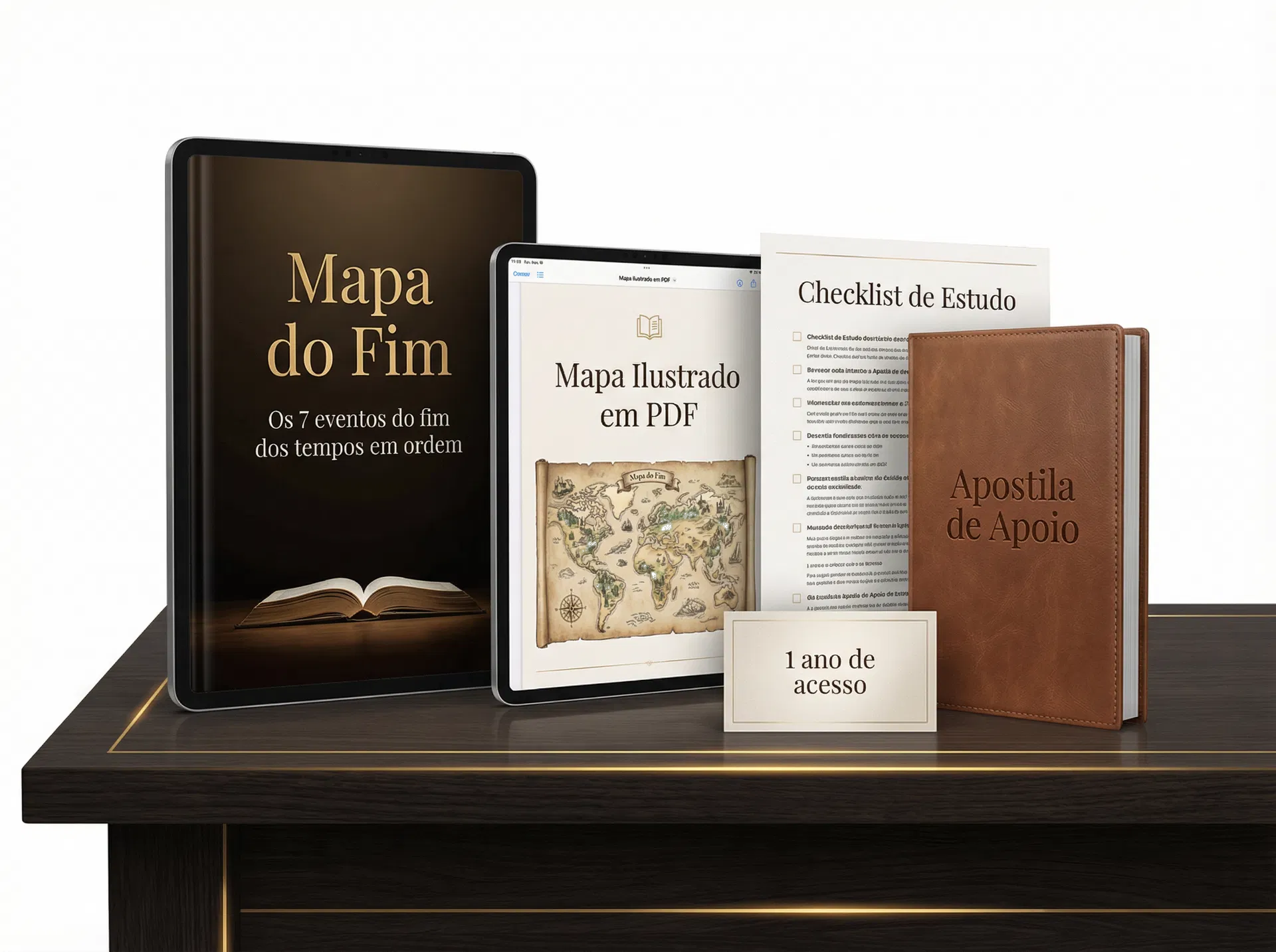 Mockup do bundle do curso Mapa do Fim com PDF, checklist e apostila