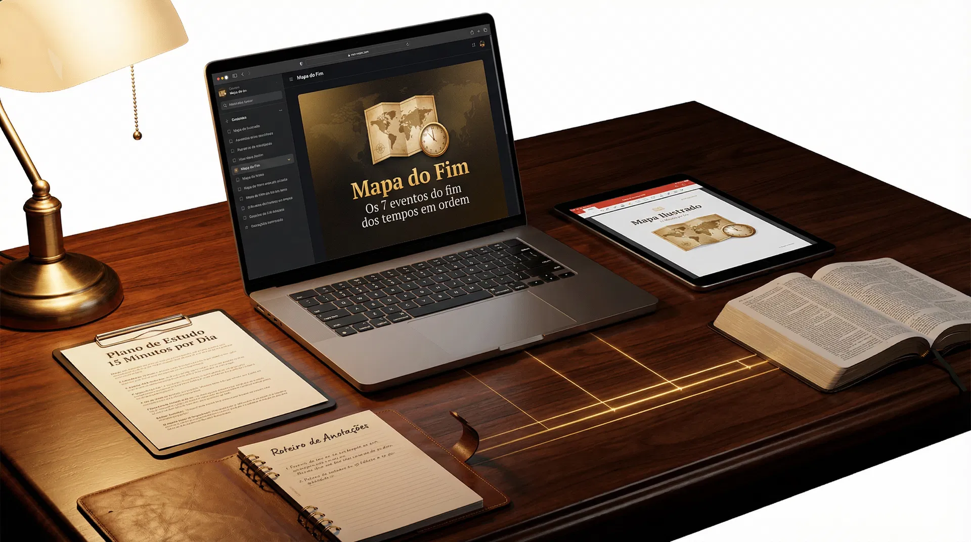 Mockup do produto Mapa do Fim com notebook, tablet e materiais de estudo em português-BR