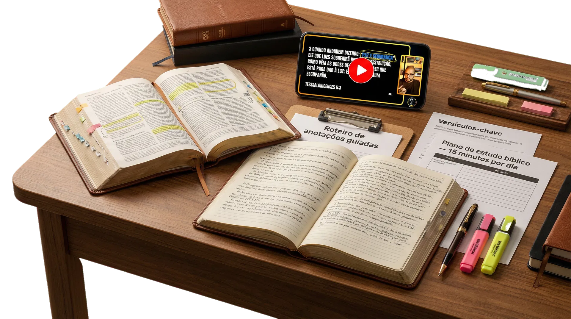 Mesa de estudos do Mapa do Fim com Bíblia, plano de leitura, versículos-chave e celular com videoaula