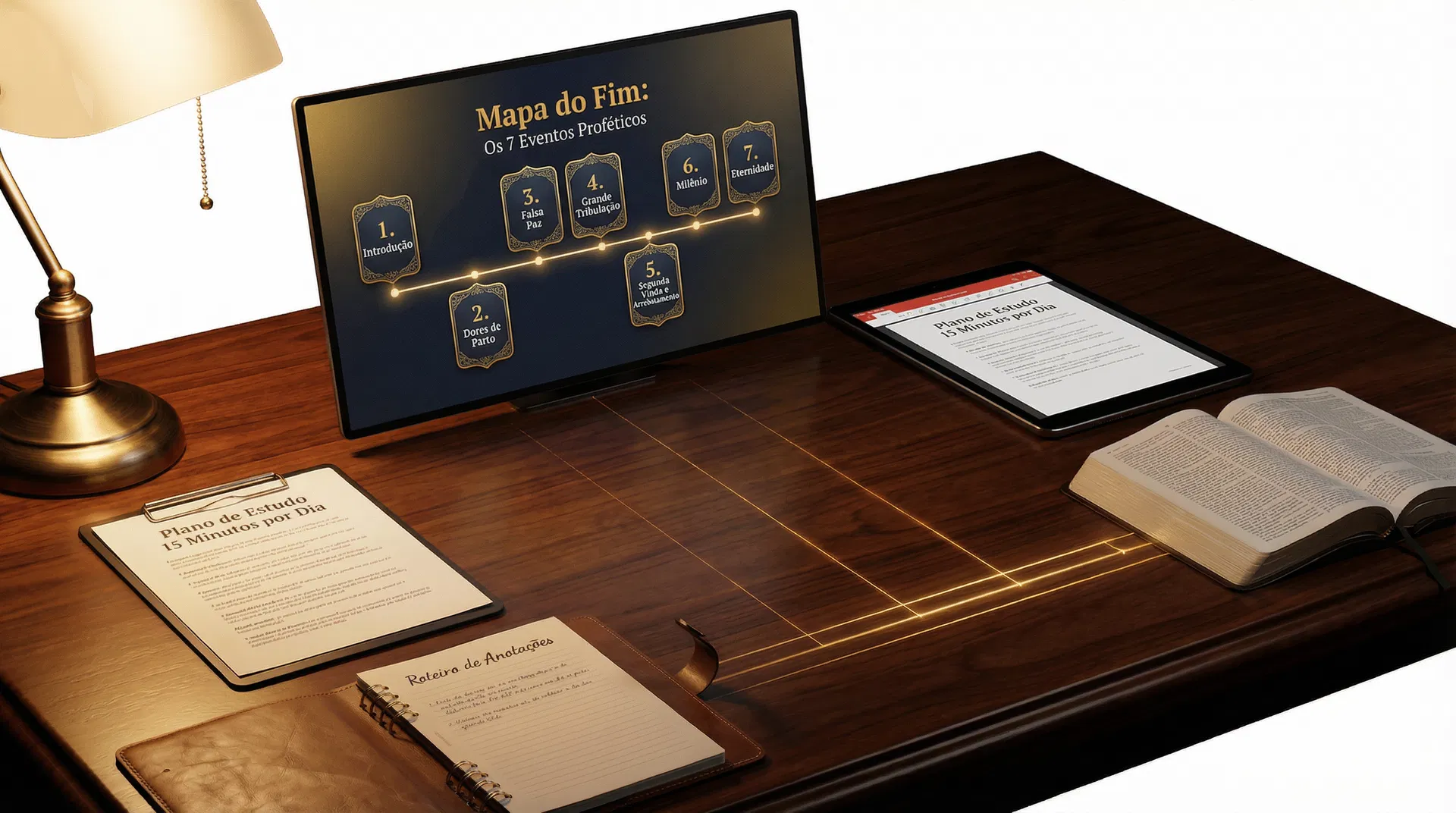 Mockup da linha do tempo dos 7 eventos proféticos do curso Mapa do Fim