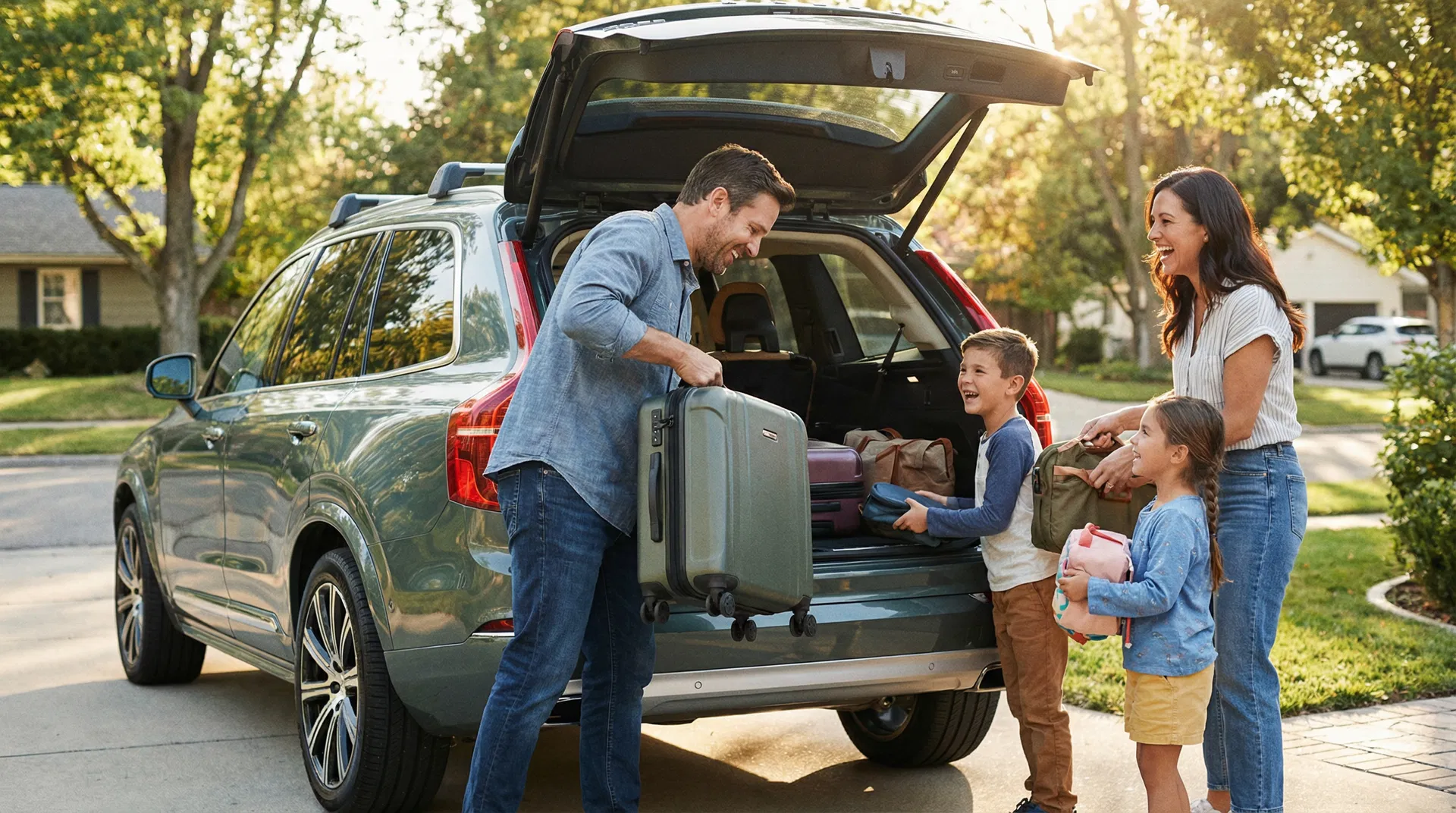 Família a preparar o carro para uma viagem
