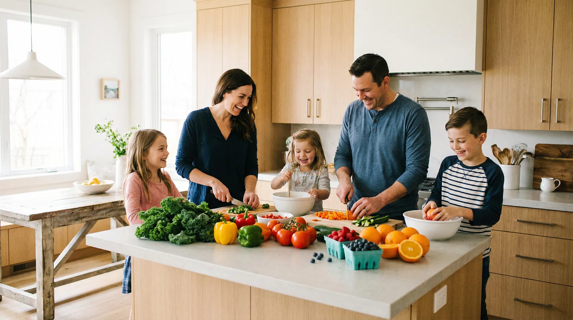 Família a cozinhar junta na cozinha