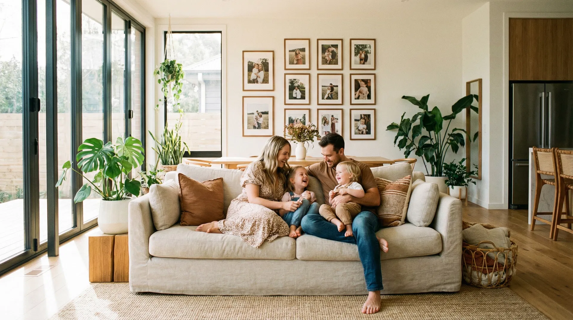 Família feliz e segura no sofá de casa