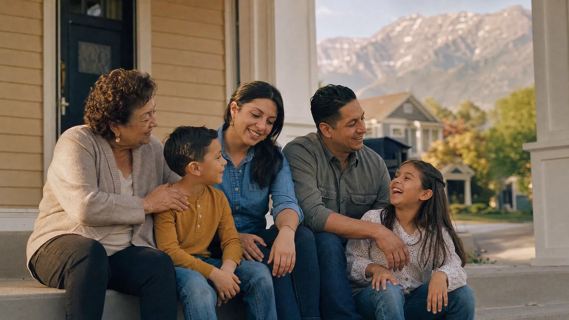 Multi-generational Utah family on the porch of a Provo home at golden hour