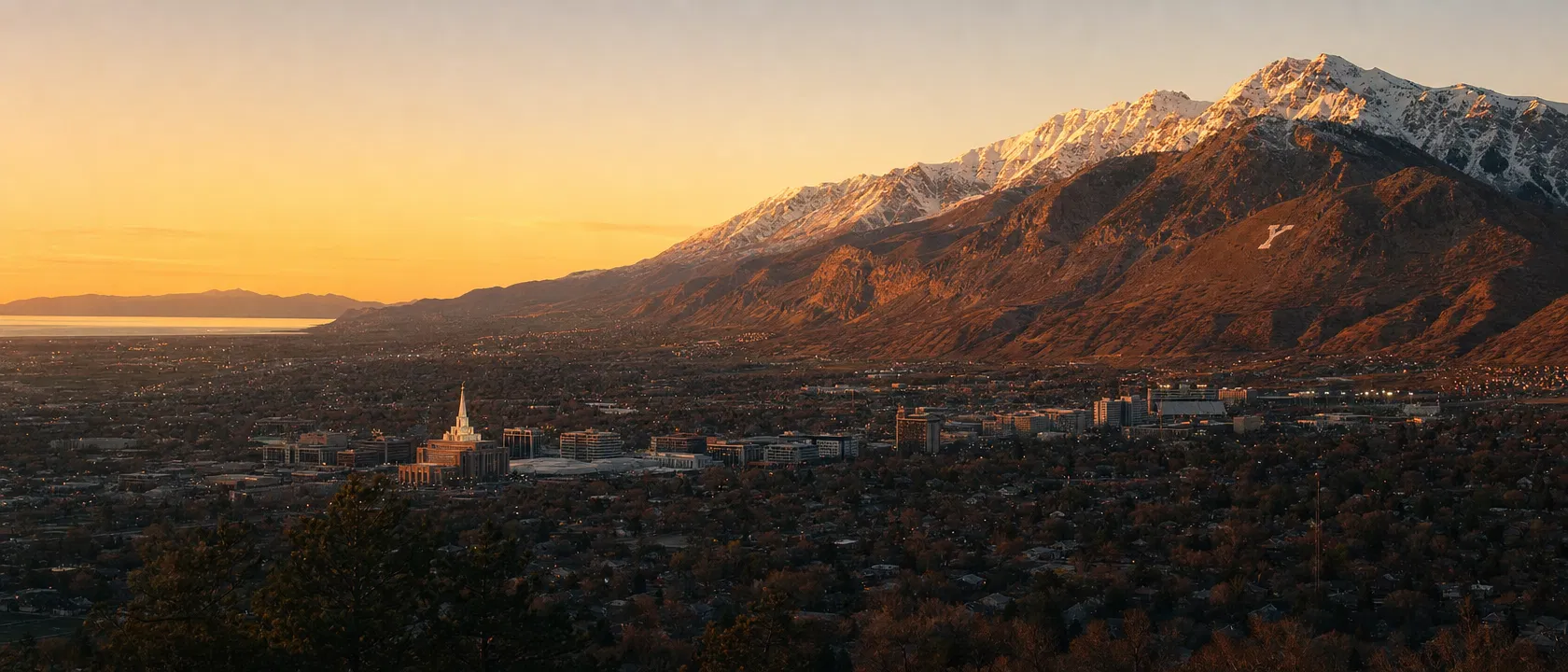 Provo, Utah at golden hour with the Wasatch Range and Y Mountain