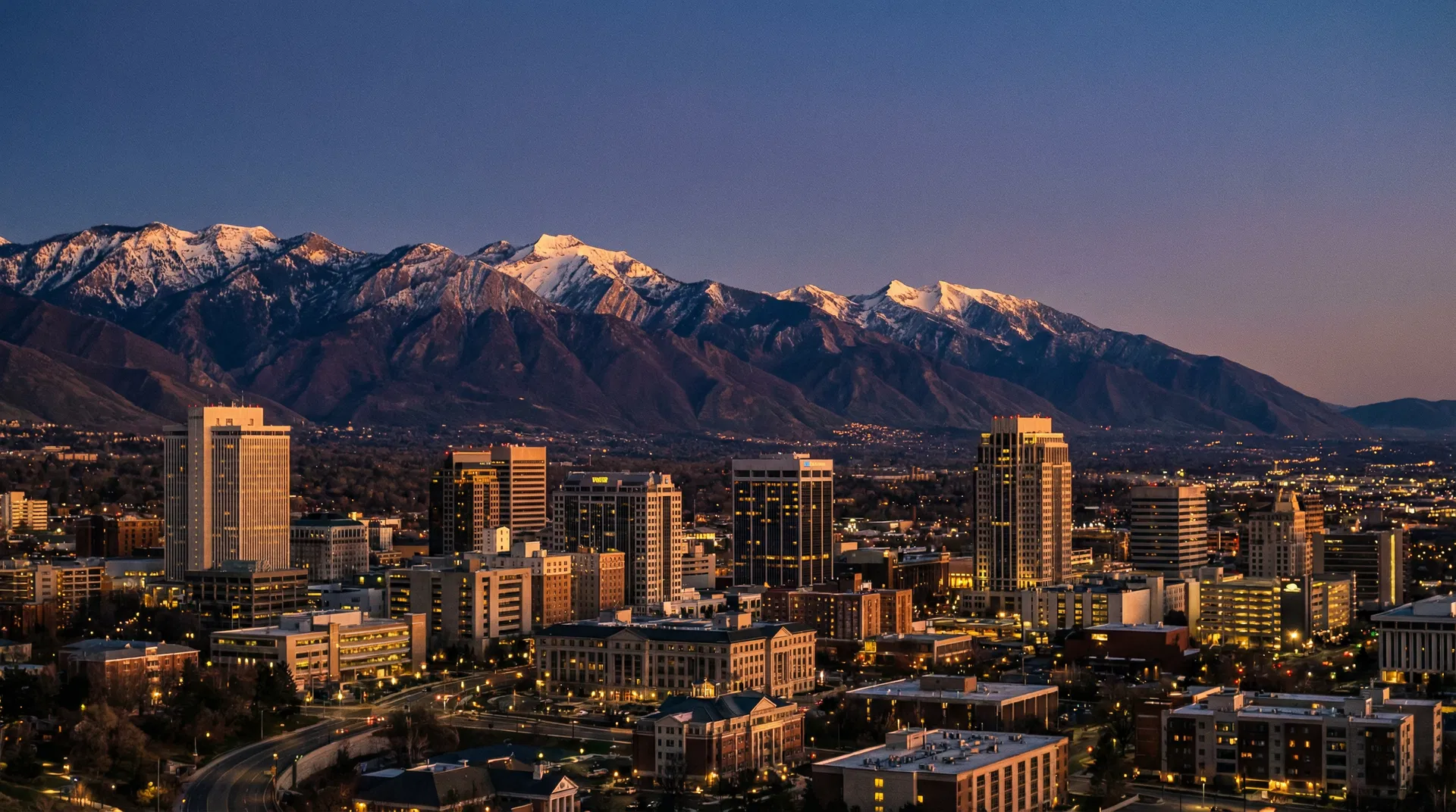 Salt Lake City skyline at dusk with Wasatch Mountains - Salt City IV mobile IV therapy service area covering the entire Salt Lake Valley