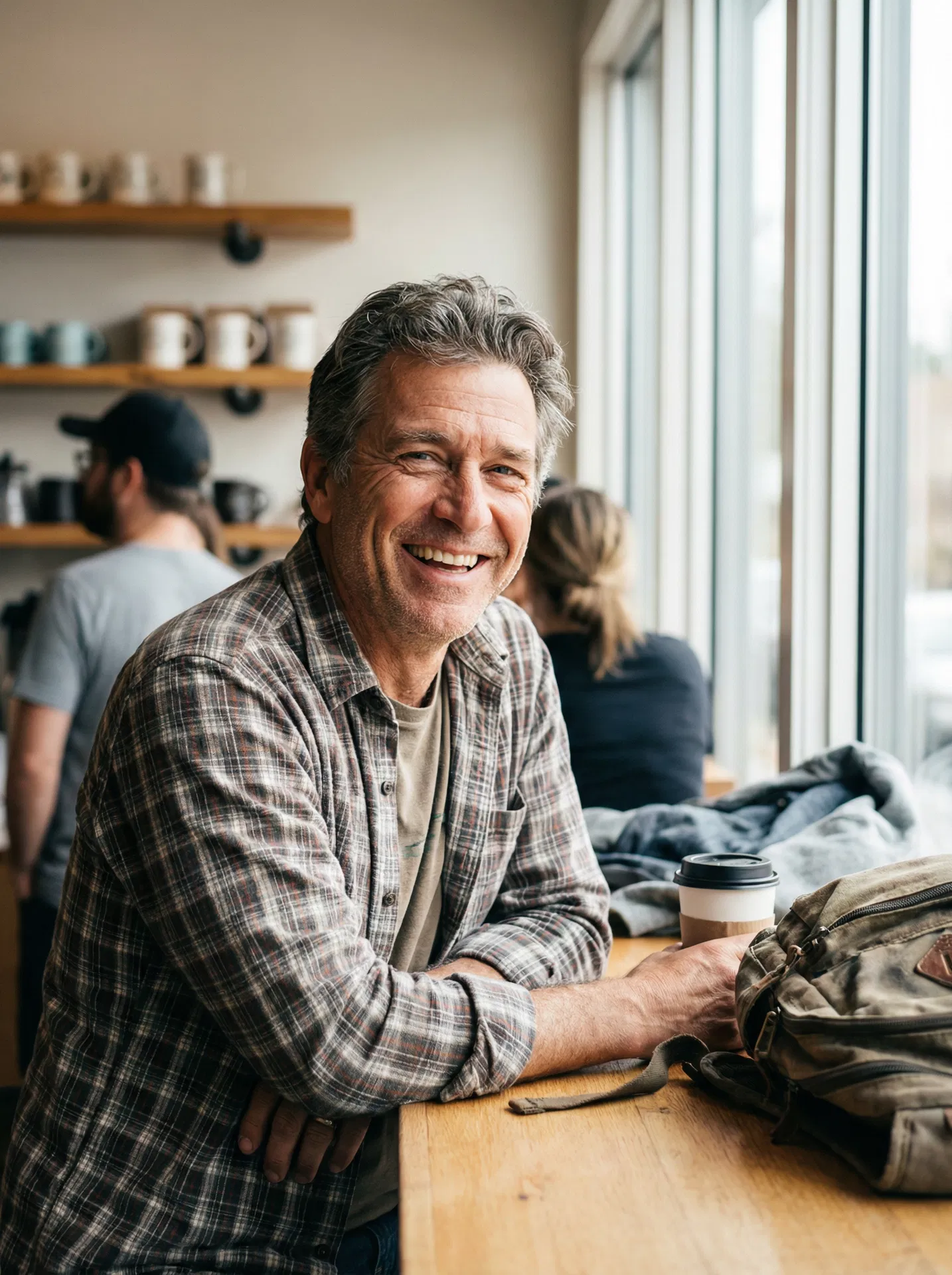 Middle-aged man with confident smile in Utah cafe