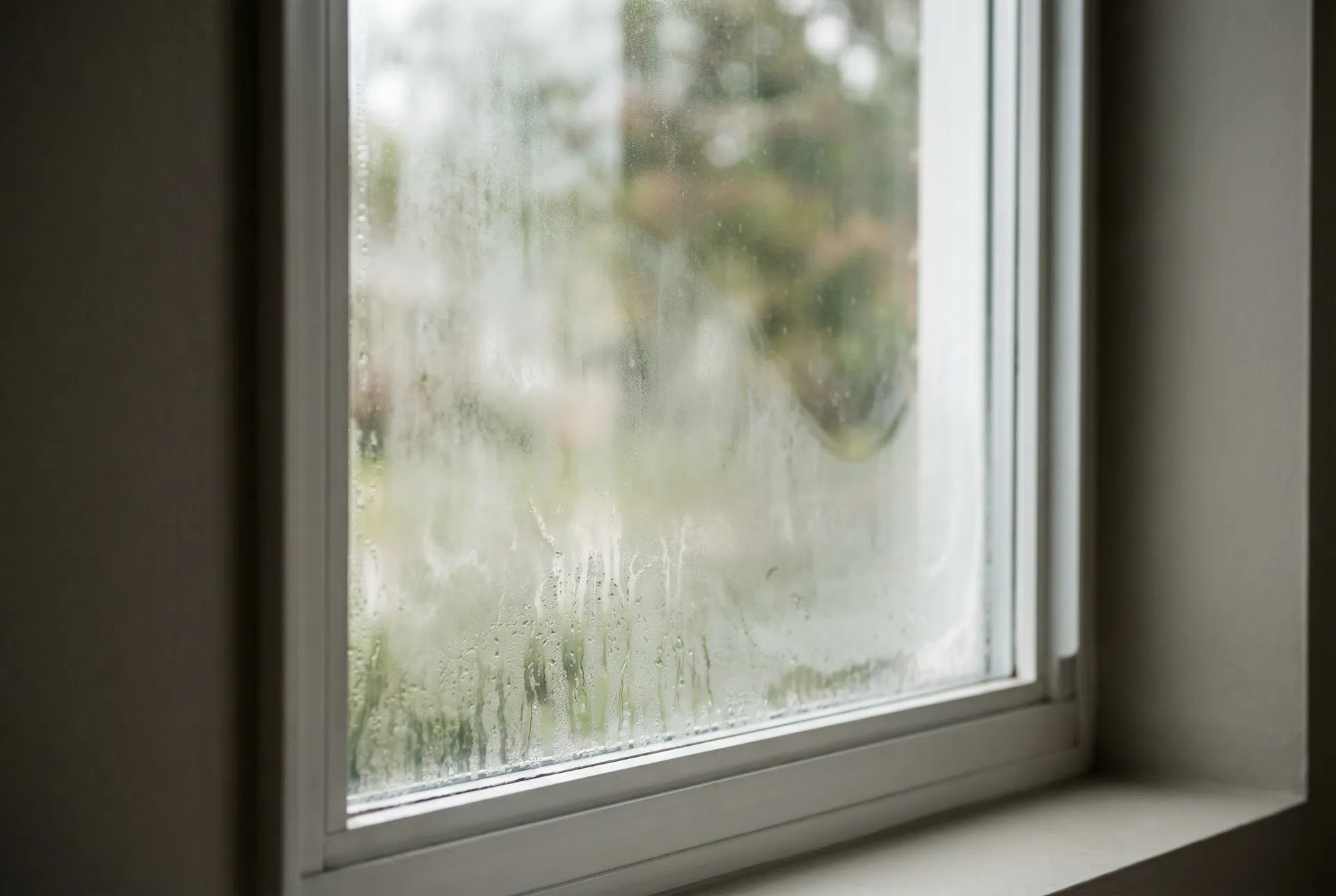 Close-up of foggy condensation between window panes showing a failed seal
