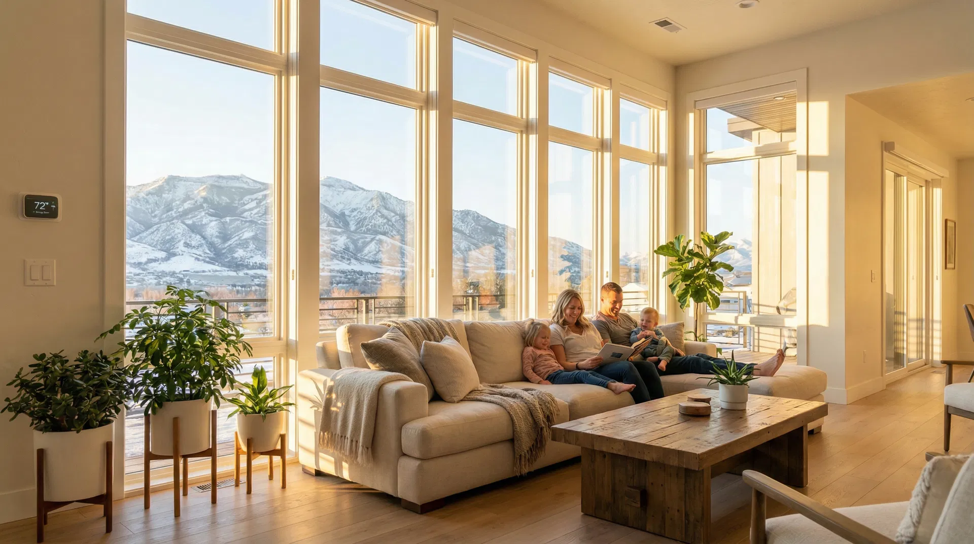 Bright modern living room with floor-to-ceiling energy-efficient windows and mountain views