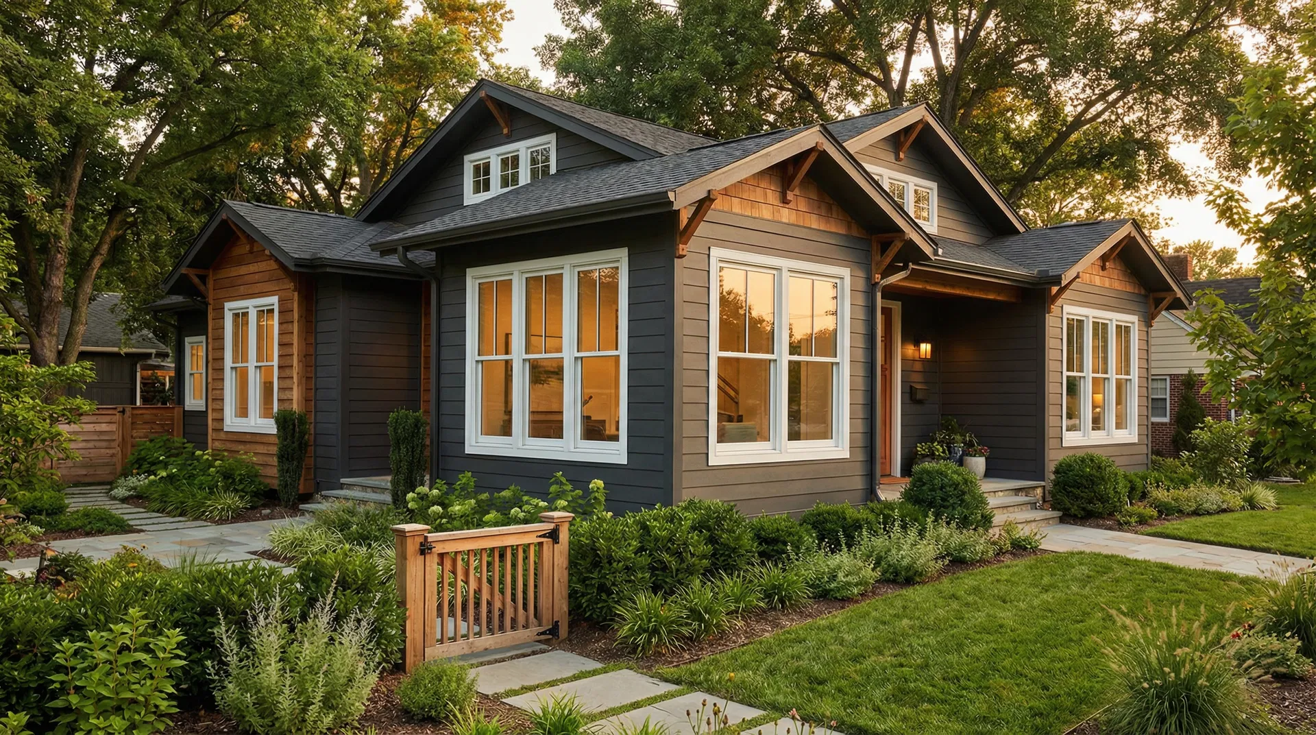 Beautiful craftsman home with brand new white-framed windows at golden hour
