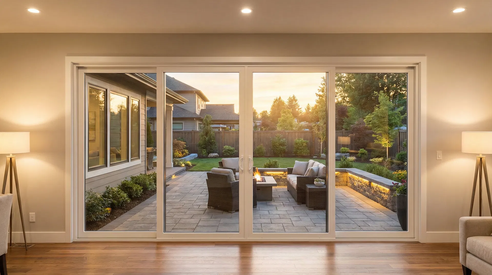4-panel 2-slider patio door system with white vinyl frame looking out to a beautifully landscaped backyard patio at golden hour