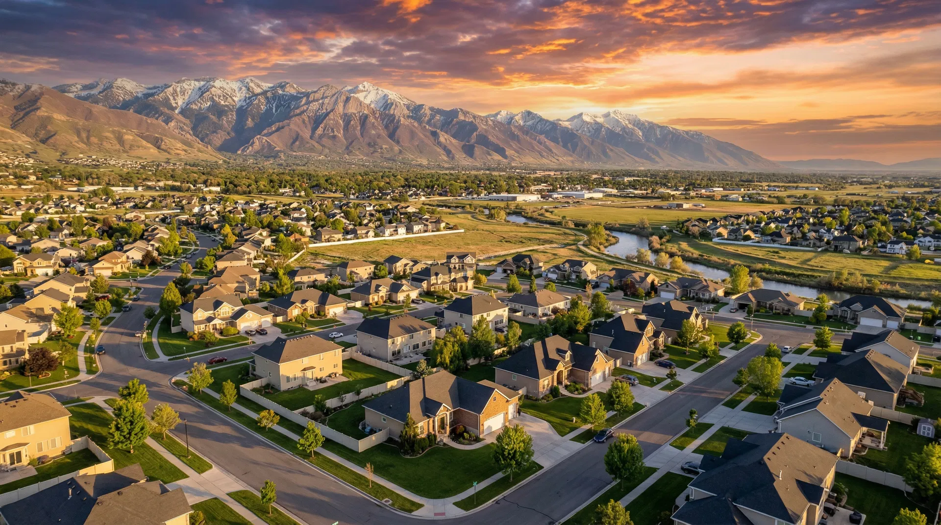 Utah Valley neighborhood at sunset with Wasatch Mountains