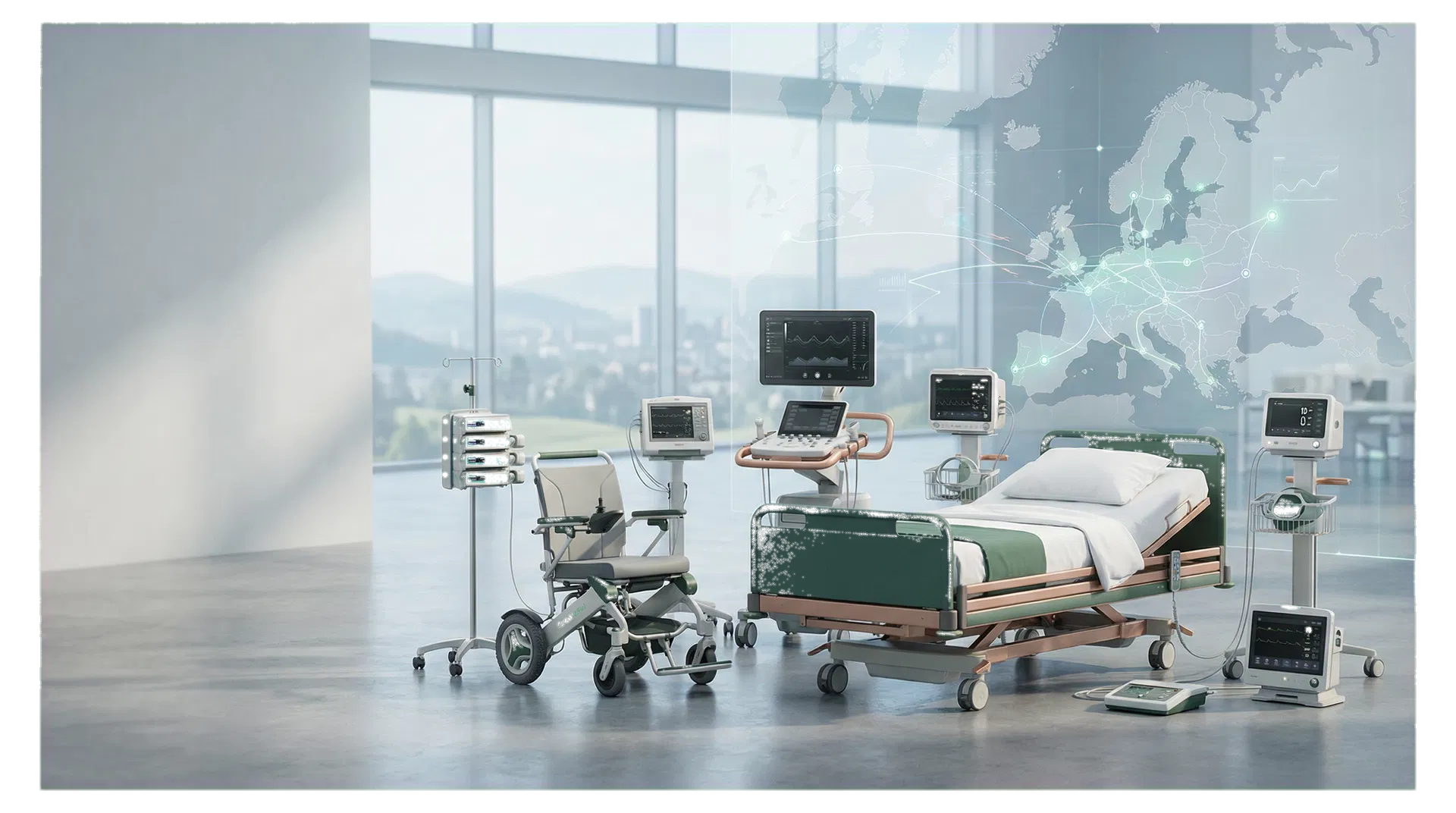 Refurbished medical devices in a calm hospital environment with subtle European network overlays