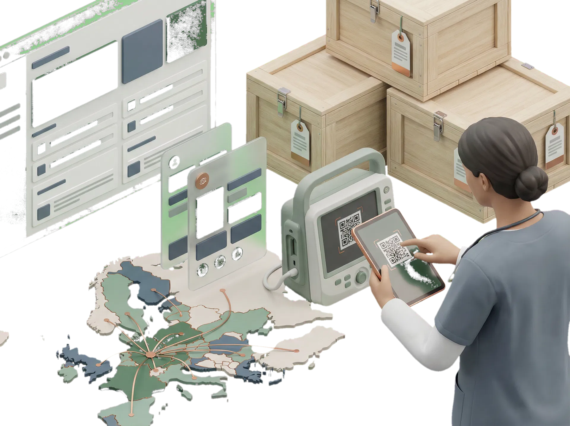Editorial illustration of hospital staff scanning medical devices for redistribution workflow