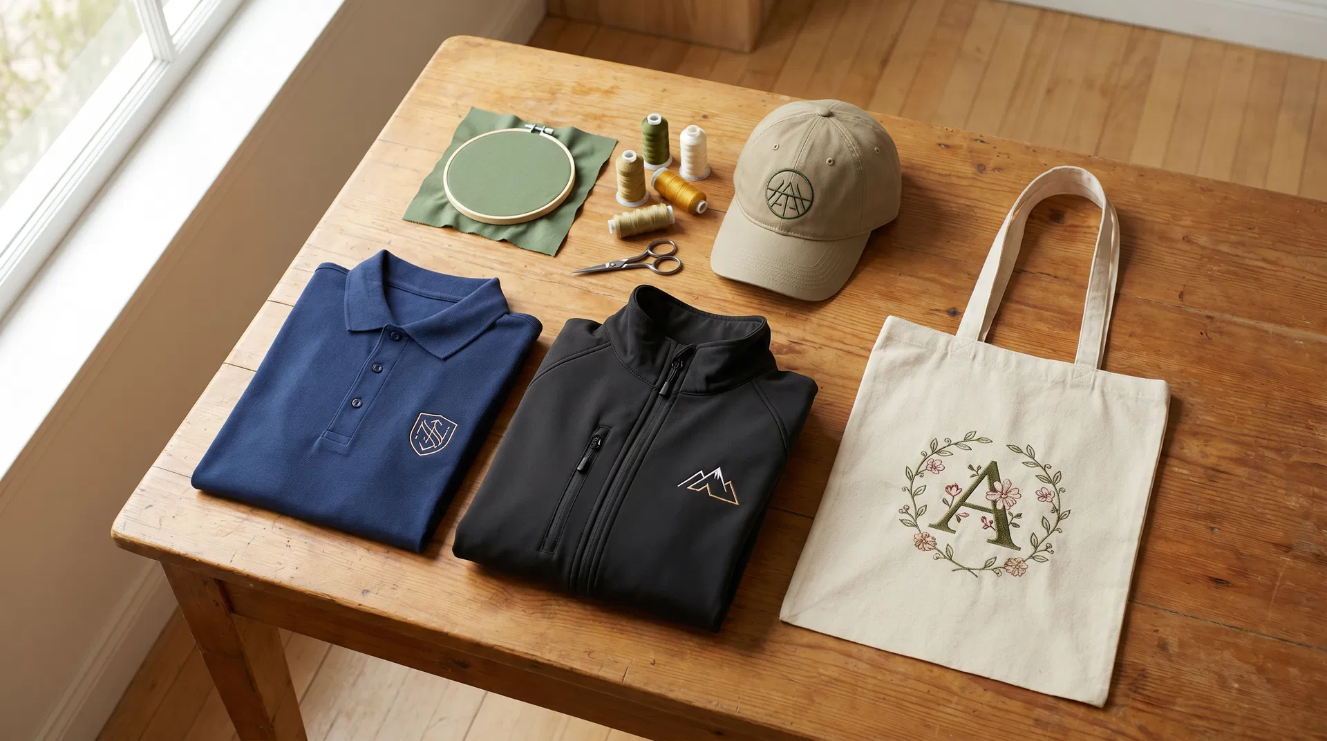 Embroidered customer-supplied items - polo, jacket, hat, and tote bag on a work table