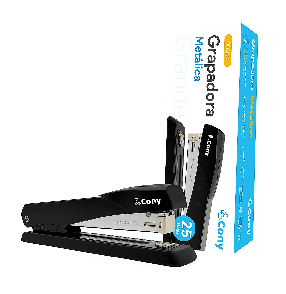 Grapadora Metálica Grande CONY 25 Hojas, Tira Completa, Negra