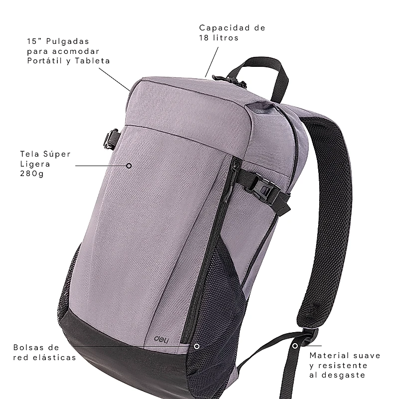 Mochila de Viaje 18" Estilo Minimalista, Gris - Deli BG126