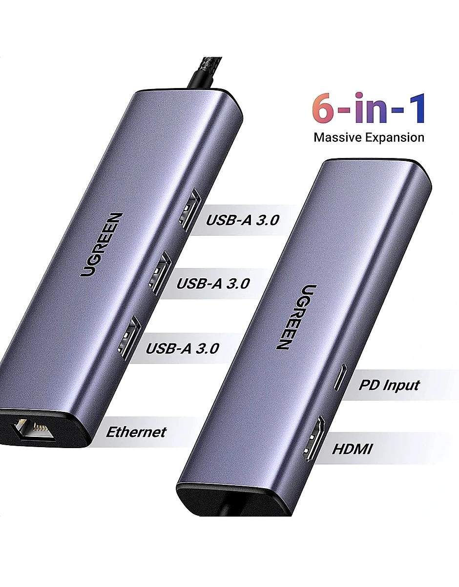 Revodok 6 in 1 USB C Hub Gigabit Ethernet Adapter with 4K HDMI, 100W PD Charging, USB A Data Ports