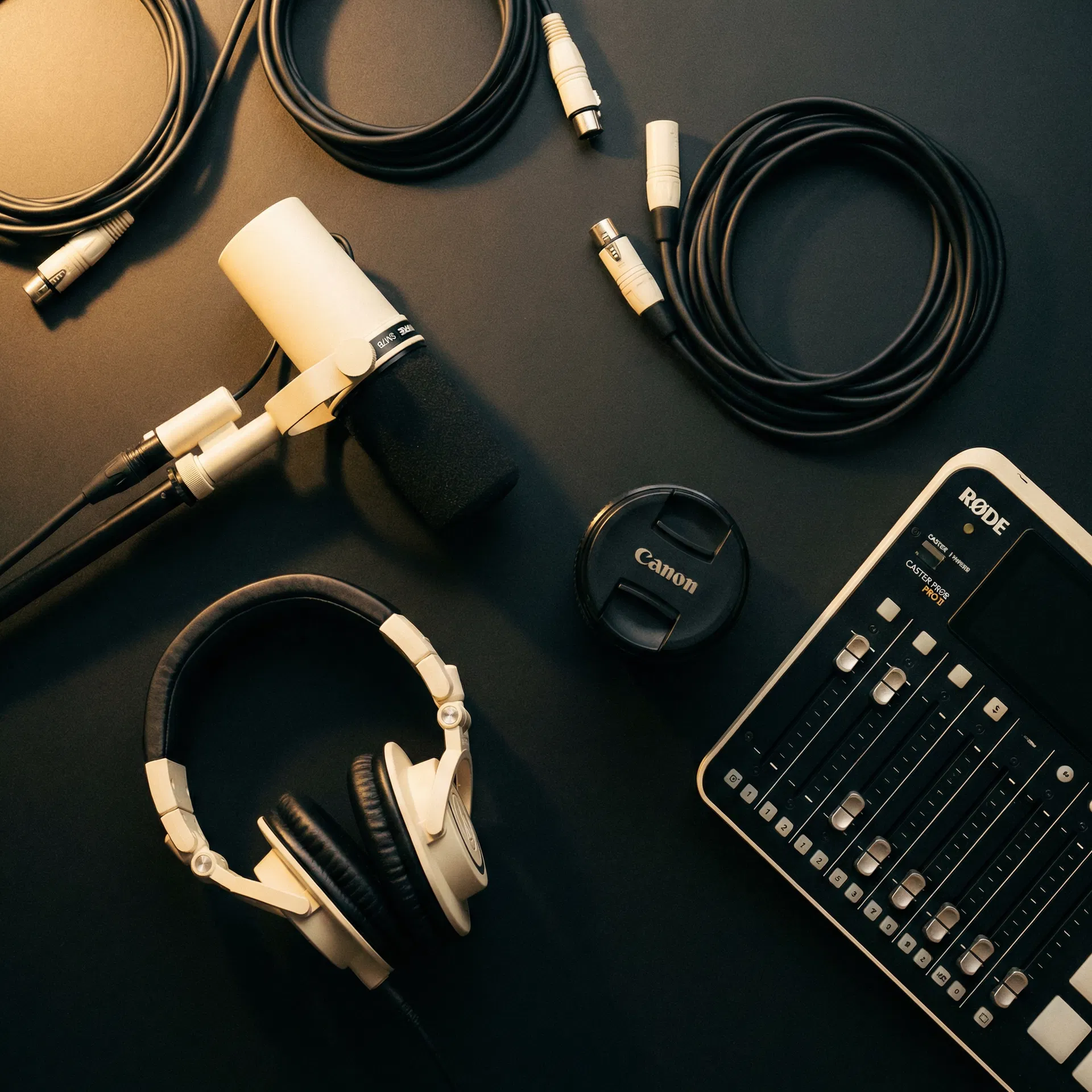 Studio equipment flat lay