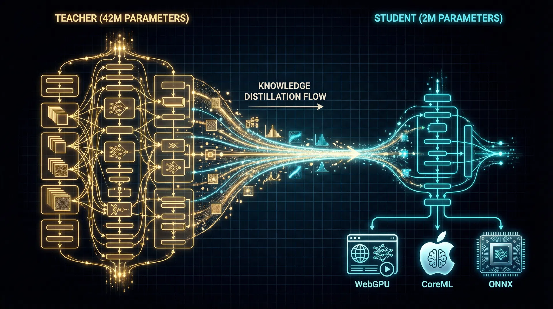 Knowledge distillation: 42M Teacher model distilled into 2M Student model for WebGPU, CoreML, and ONNX deployment