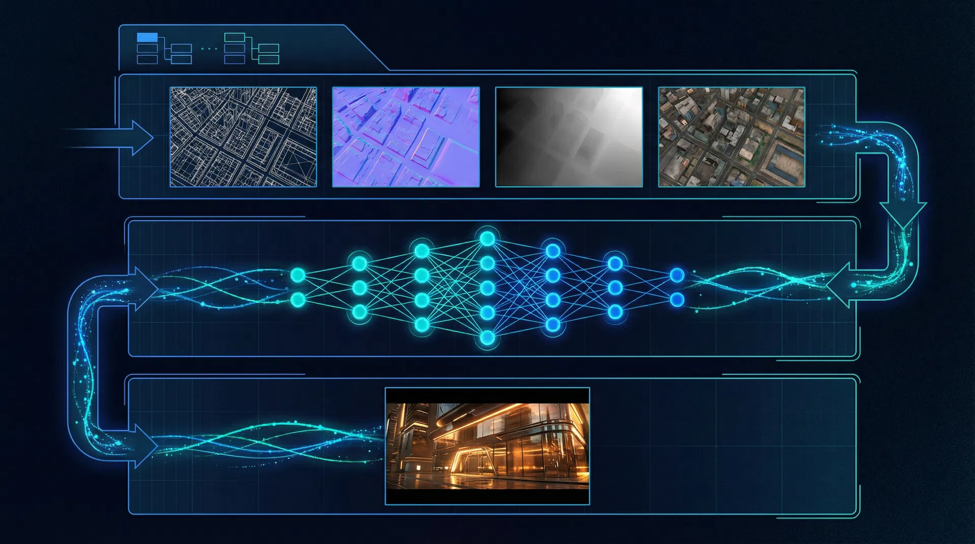 Neural rendering pipeline: G-buffers flow through neural network to produce cinematic output