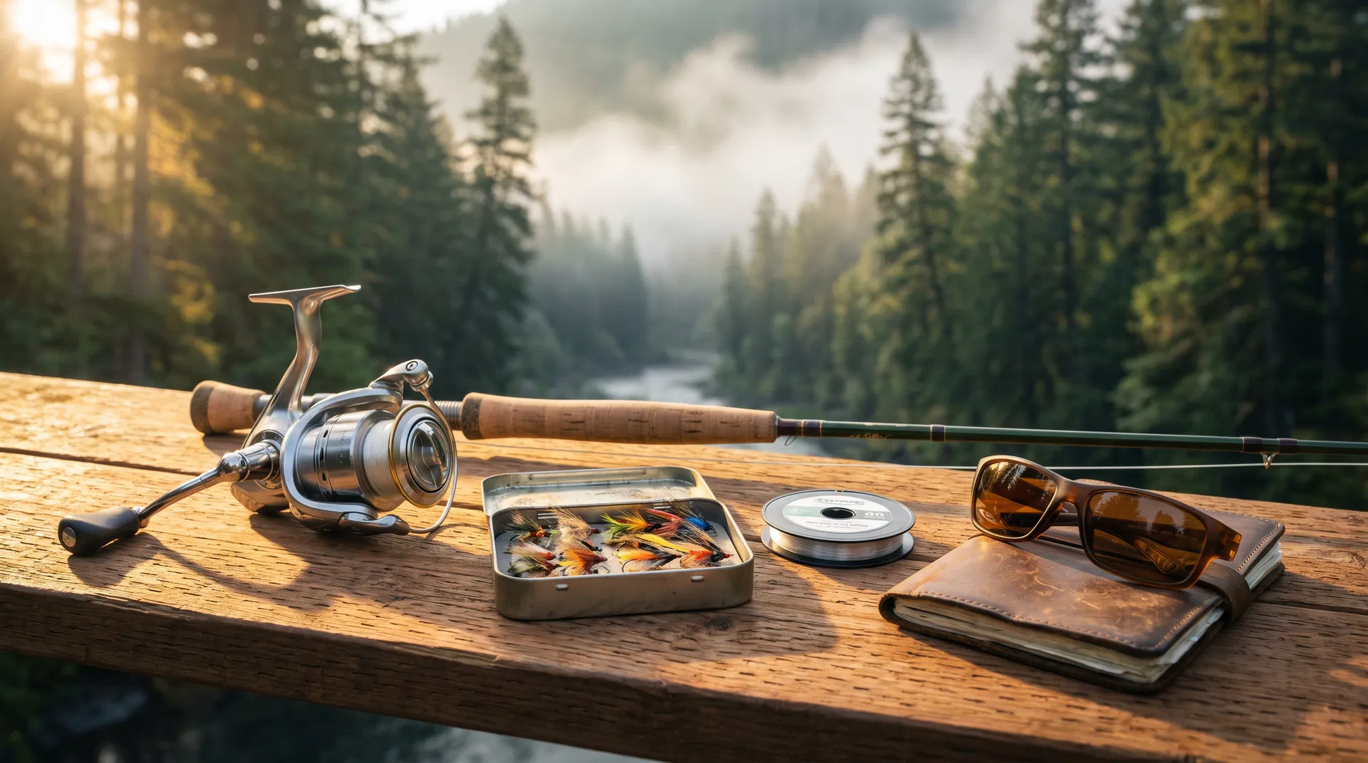 Premium Pacific Northwest fishing gear laid out on a cedar dock with misty river and forest backdrop