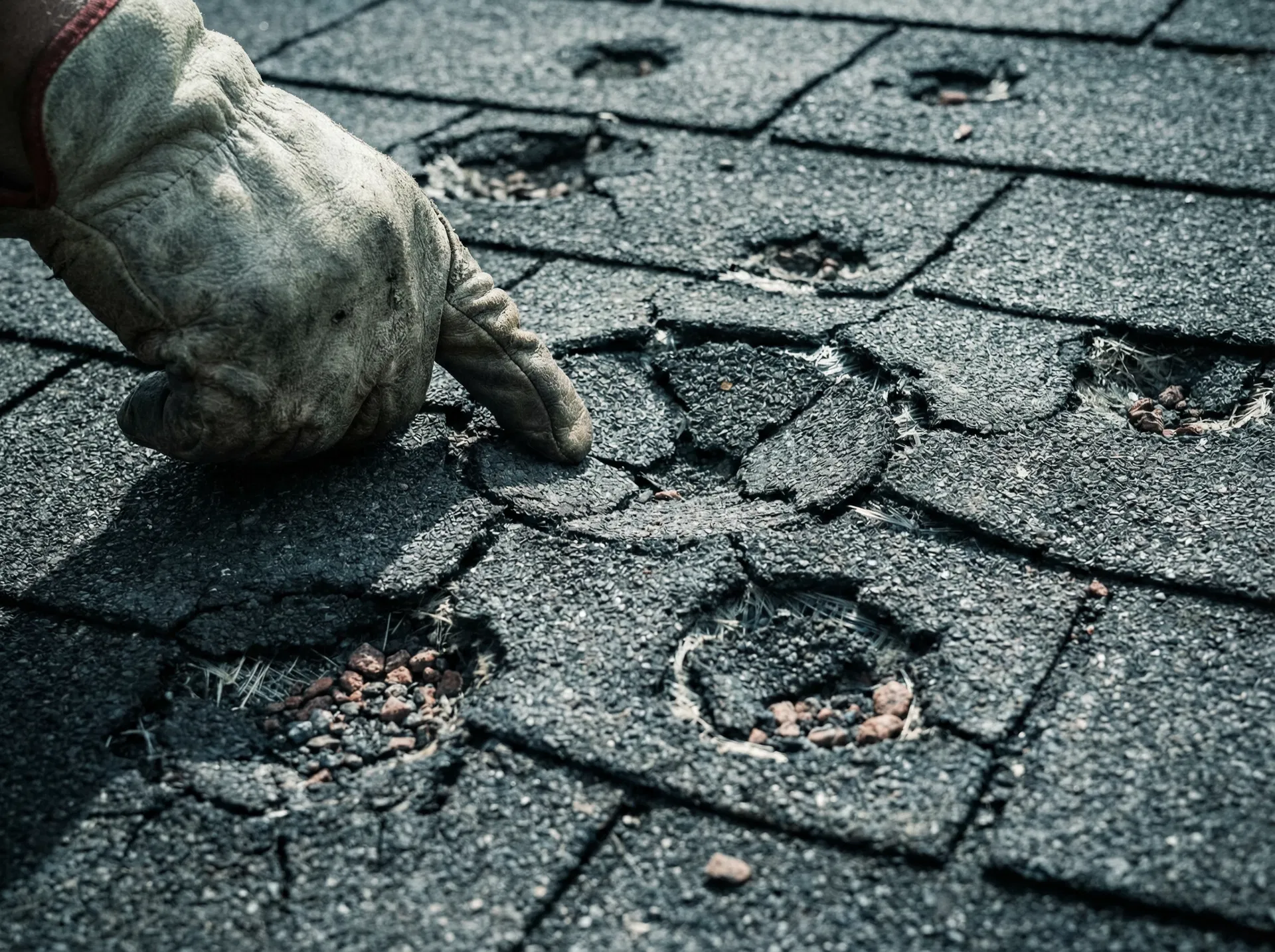 Close-up of severe hail damage on roof shingles