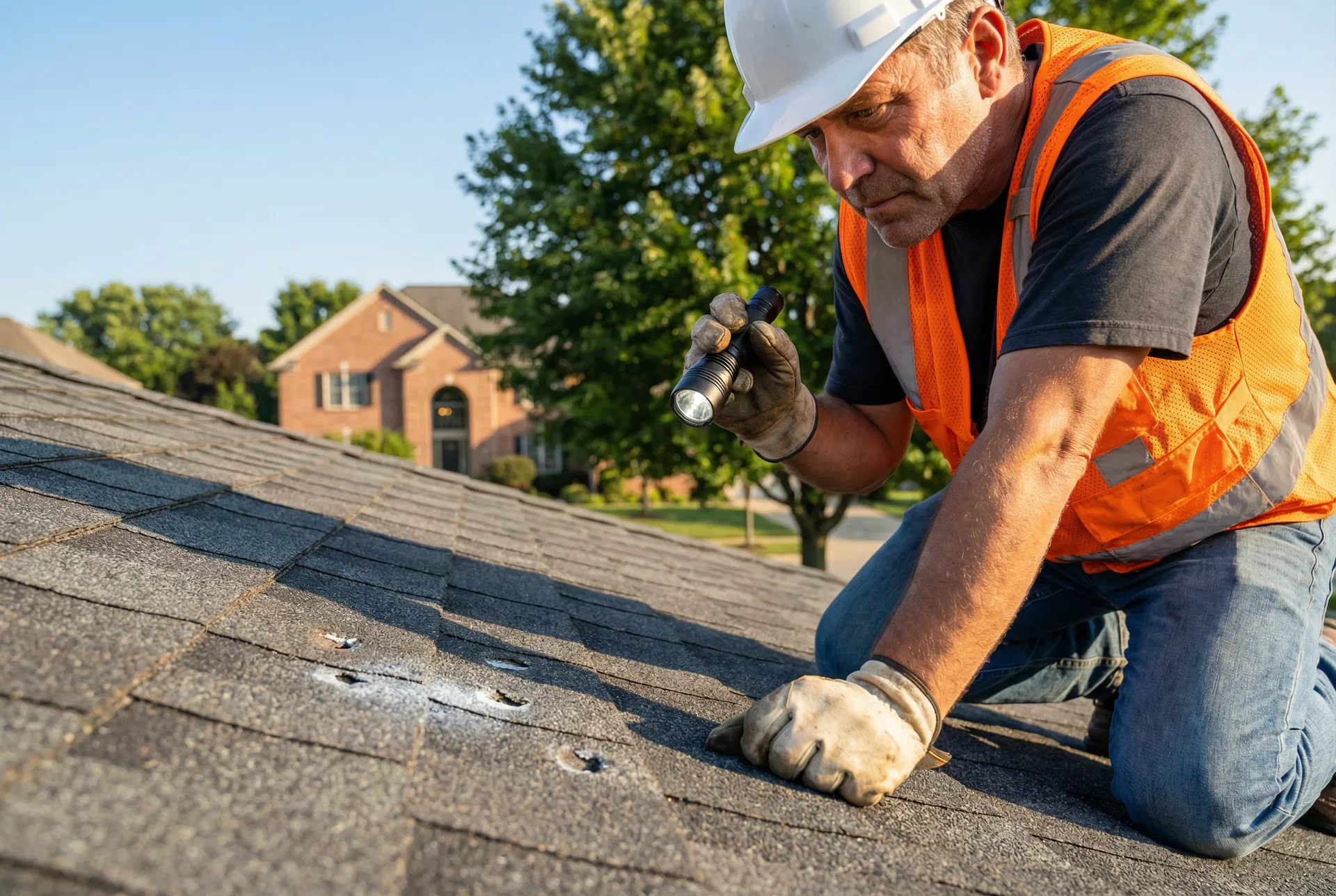 Professional roof inspector examining shingles