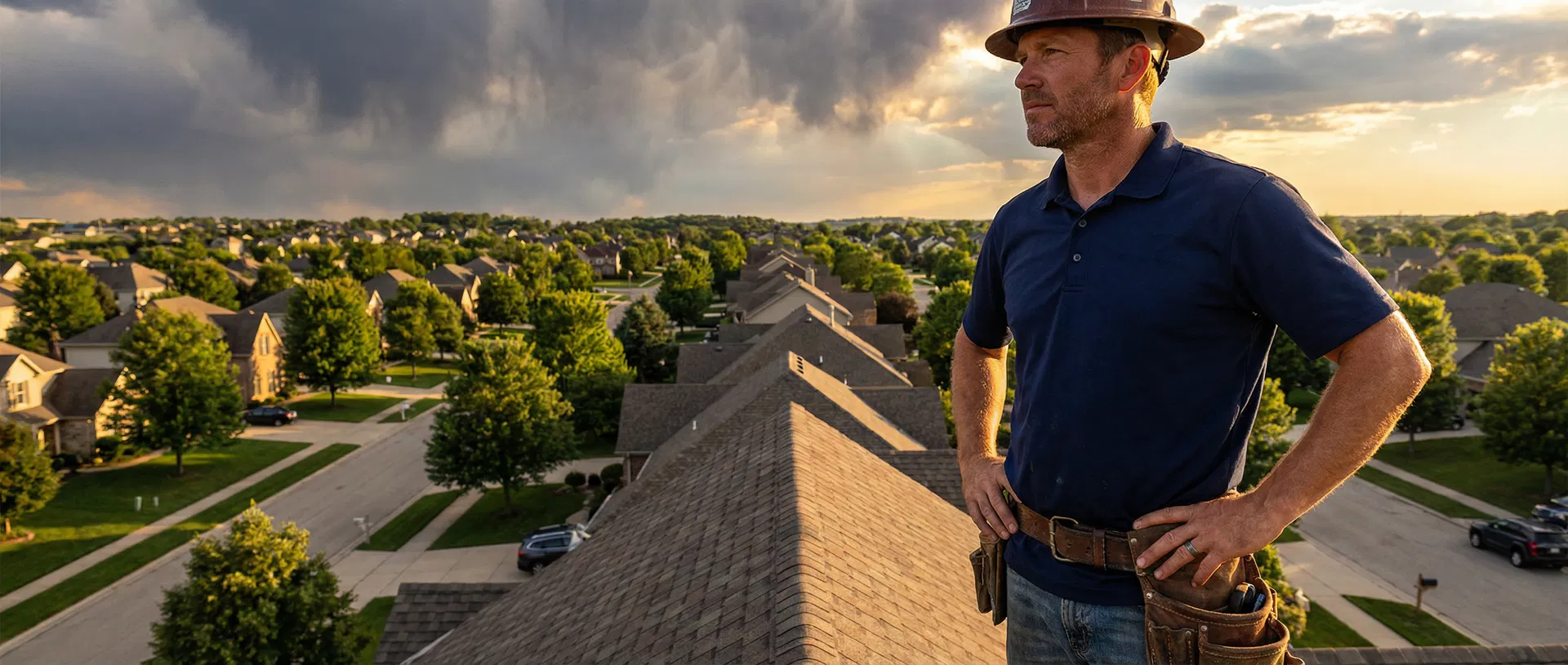 Professional roofer inspecting a residential roof