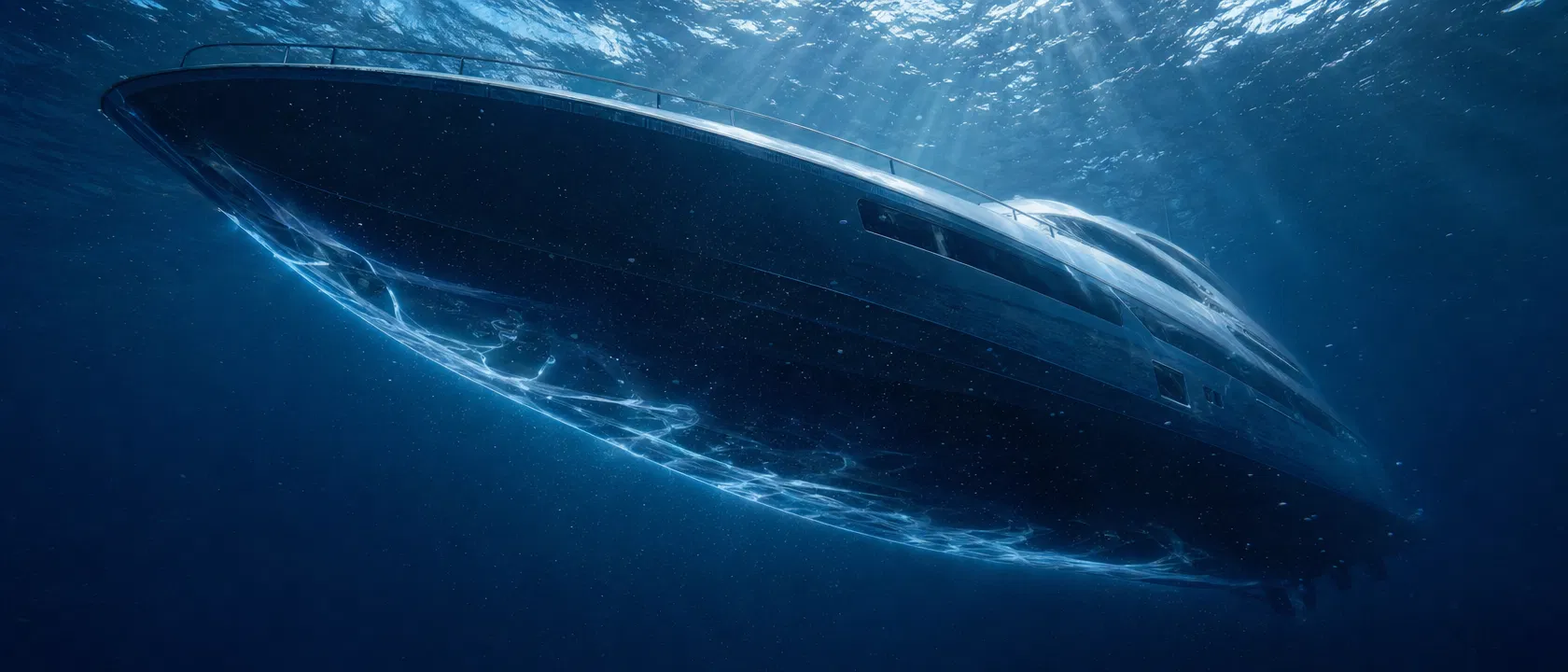 Underwater view of a yacht hull protected by DockSkin technology