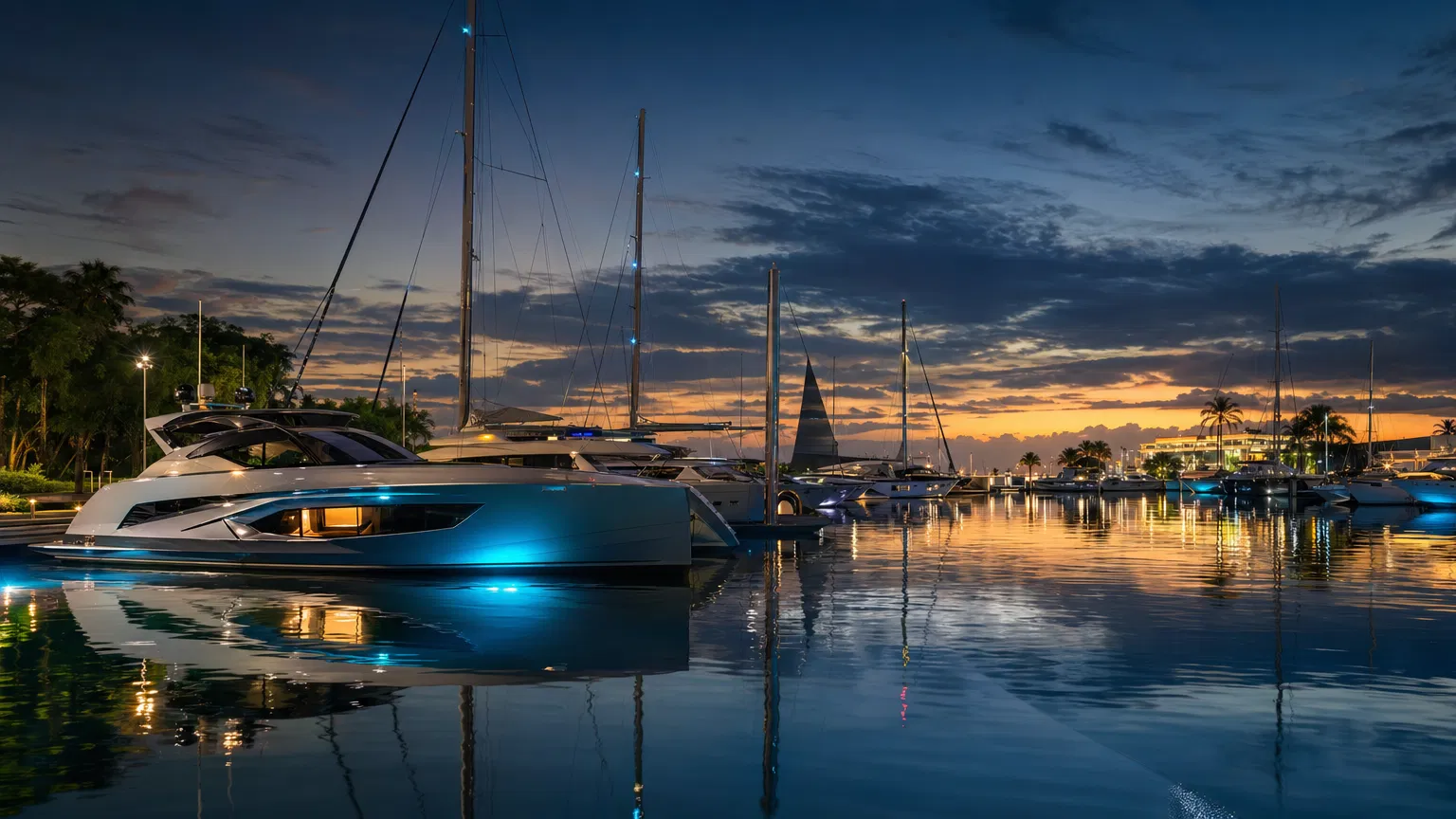 Modern luxury marina at twilight