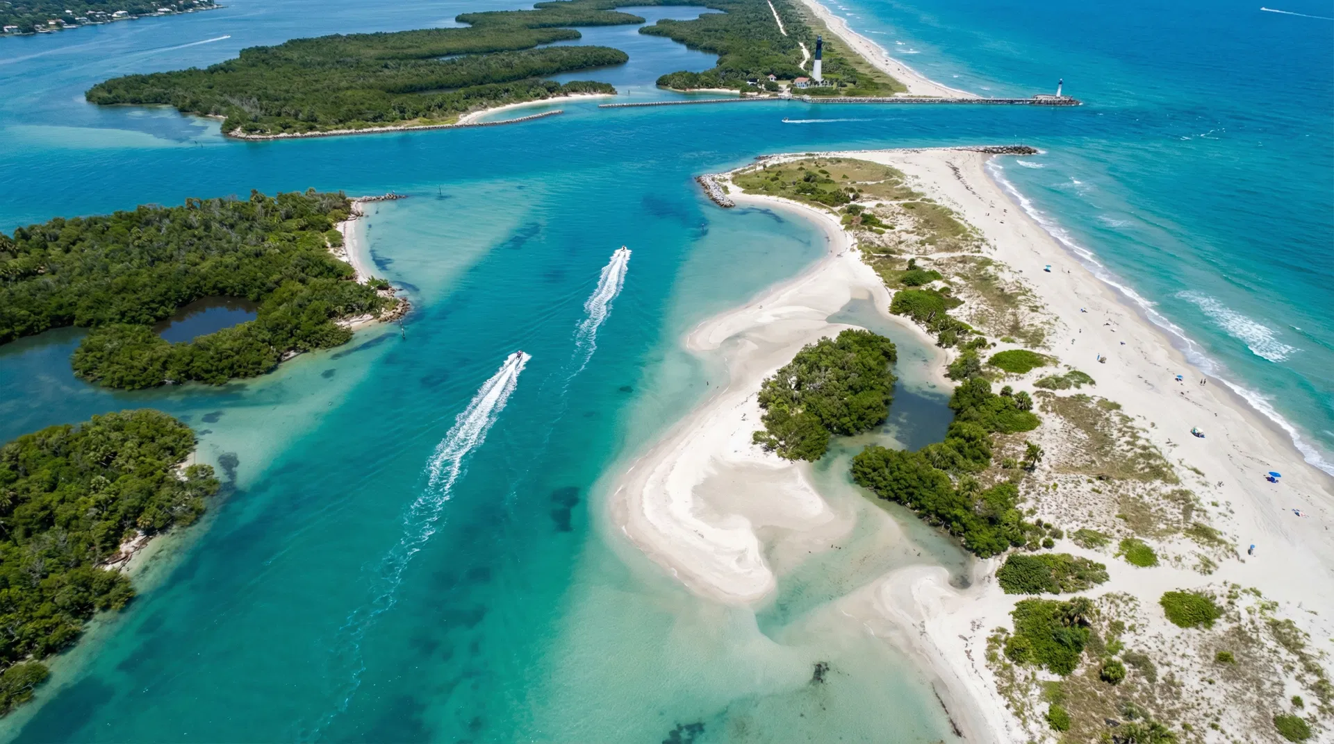 Aerial view of Hutchinson Island and the Indian River Lagoon showing turquoise waters and barrier island
