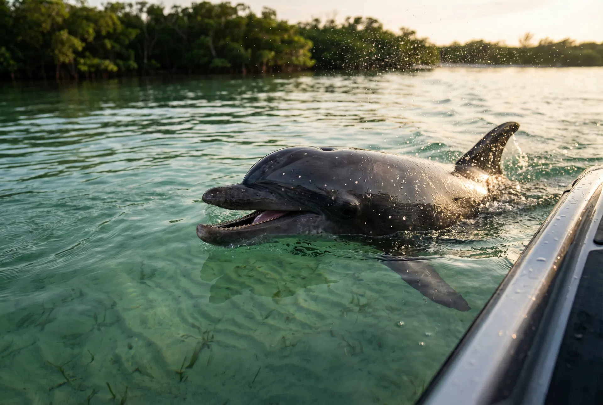 Dolphins swimming alongside a jet ski on the Indian River Lagoon at sunrise