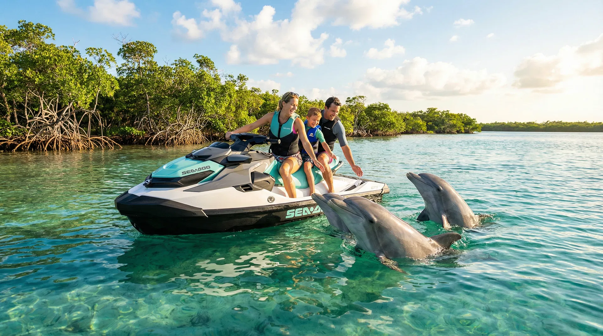 Family with dolphins on Sea-Doo