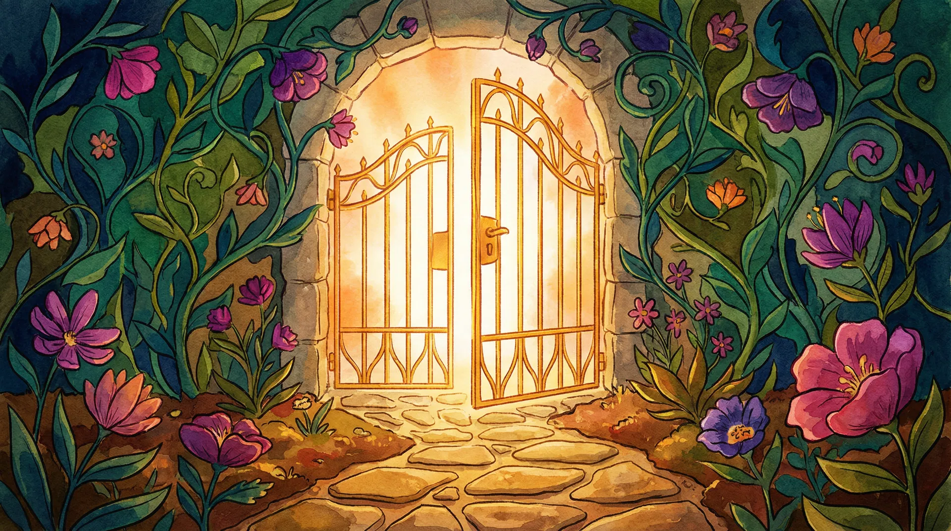 Golden garden gate with warm light