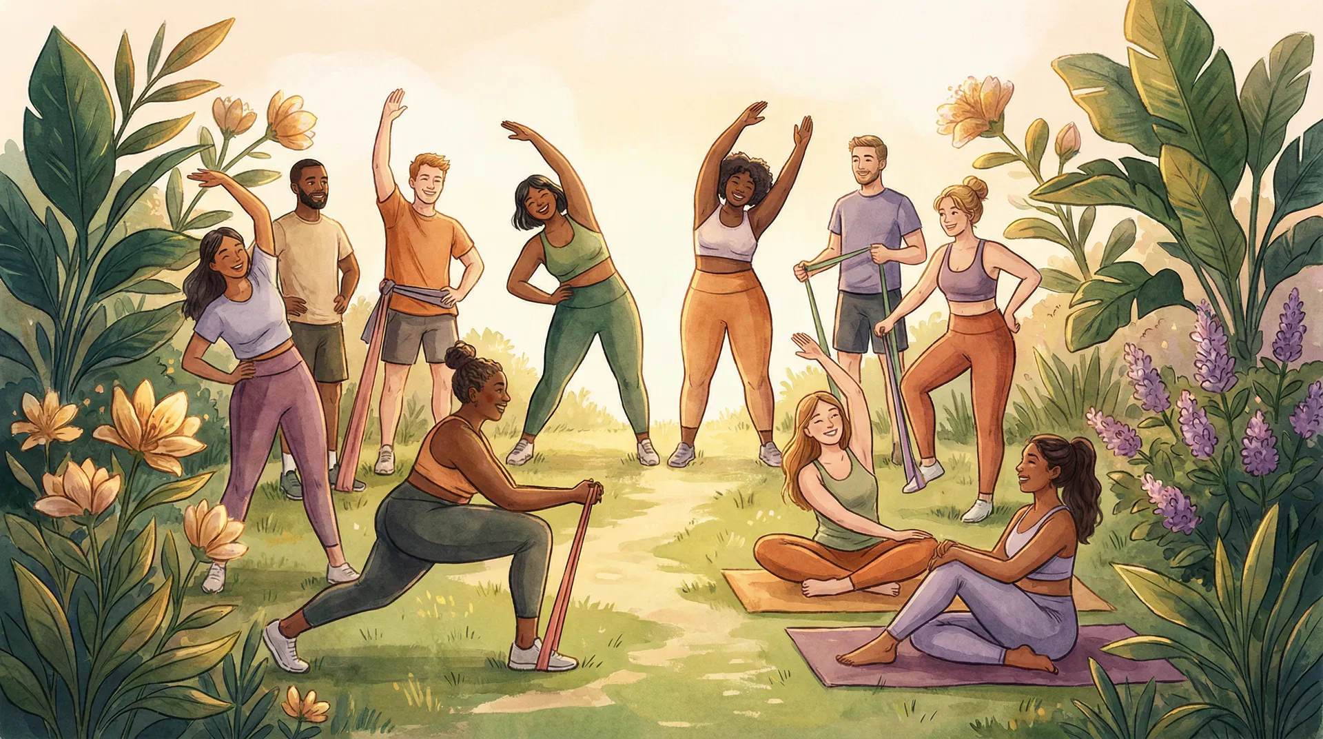 Diverse people exercising together in a garden setting