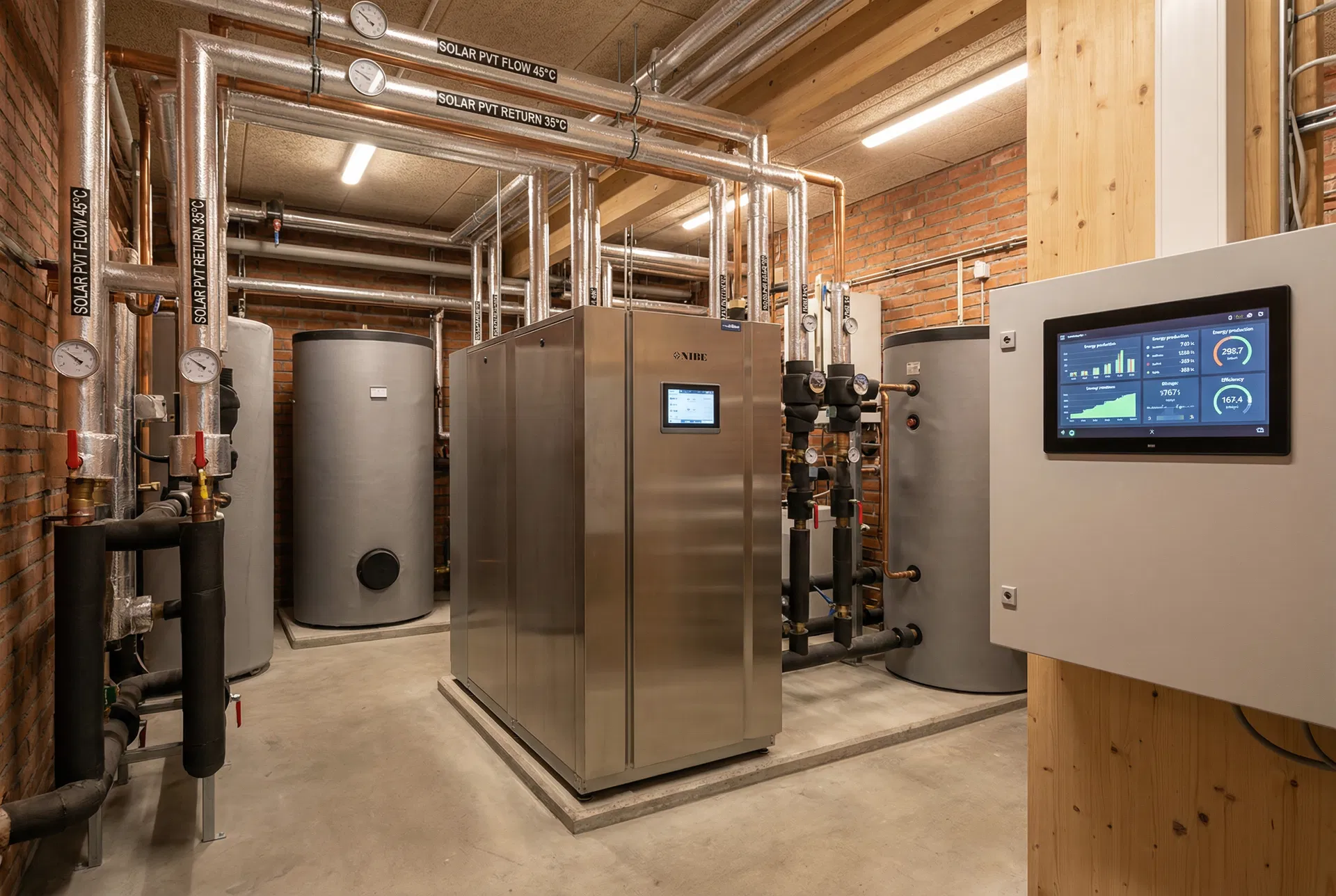 Värmepumpsrum med glykol-rör från Solpulsen PVT-paneler