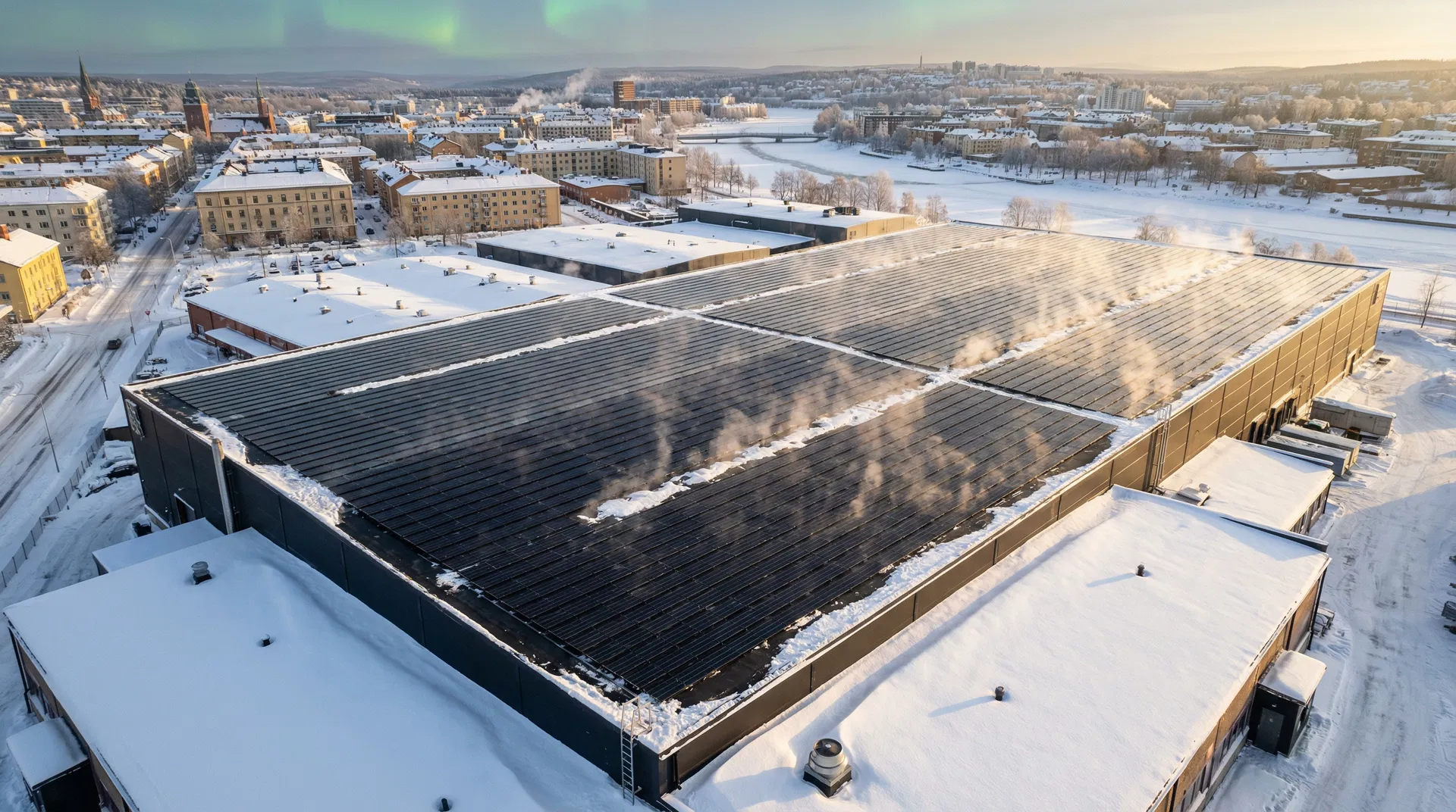 Solpulsen PVT-paneler på industritak i vinter, snösmältning aktiv