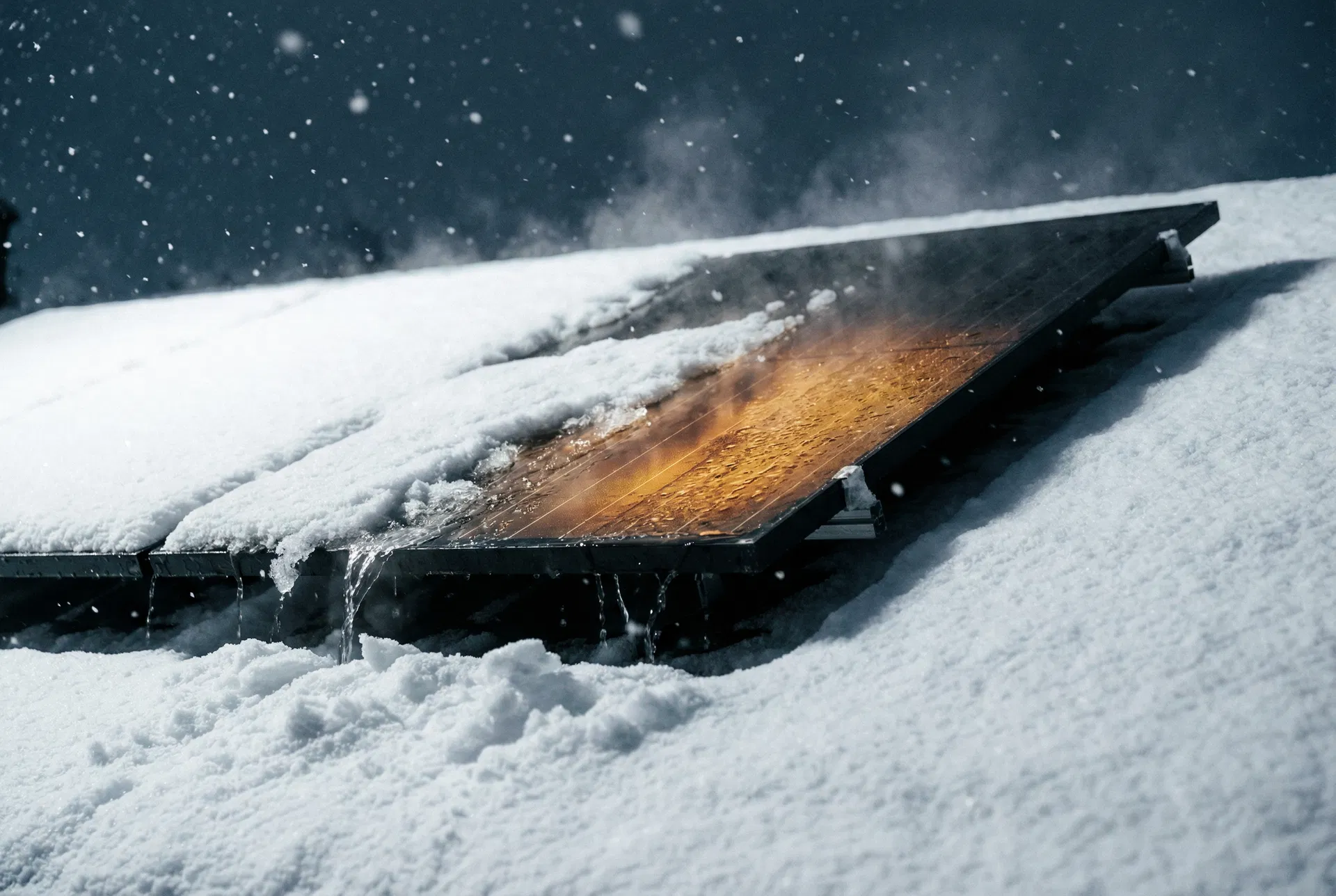 Aktiv snösmältning – panelen glöder varmt i snöstorm