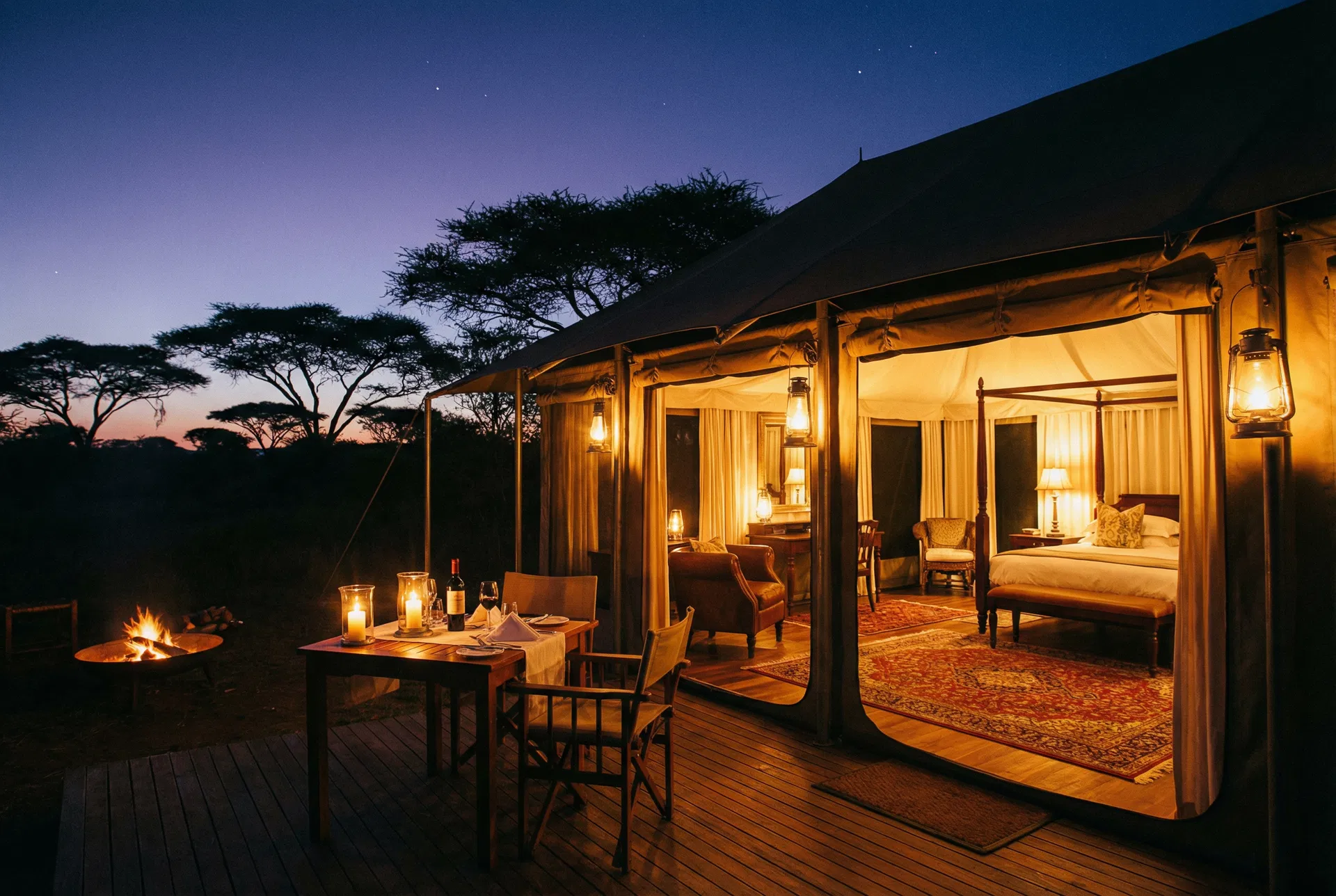 Luxury tented camp in the African bush at dusk with warm lantern light