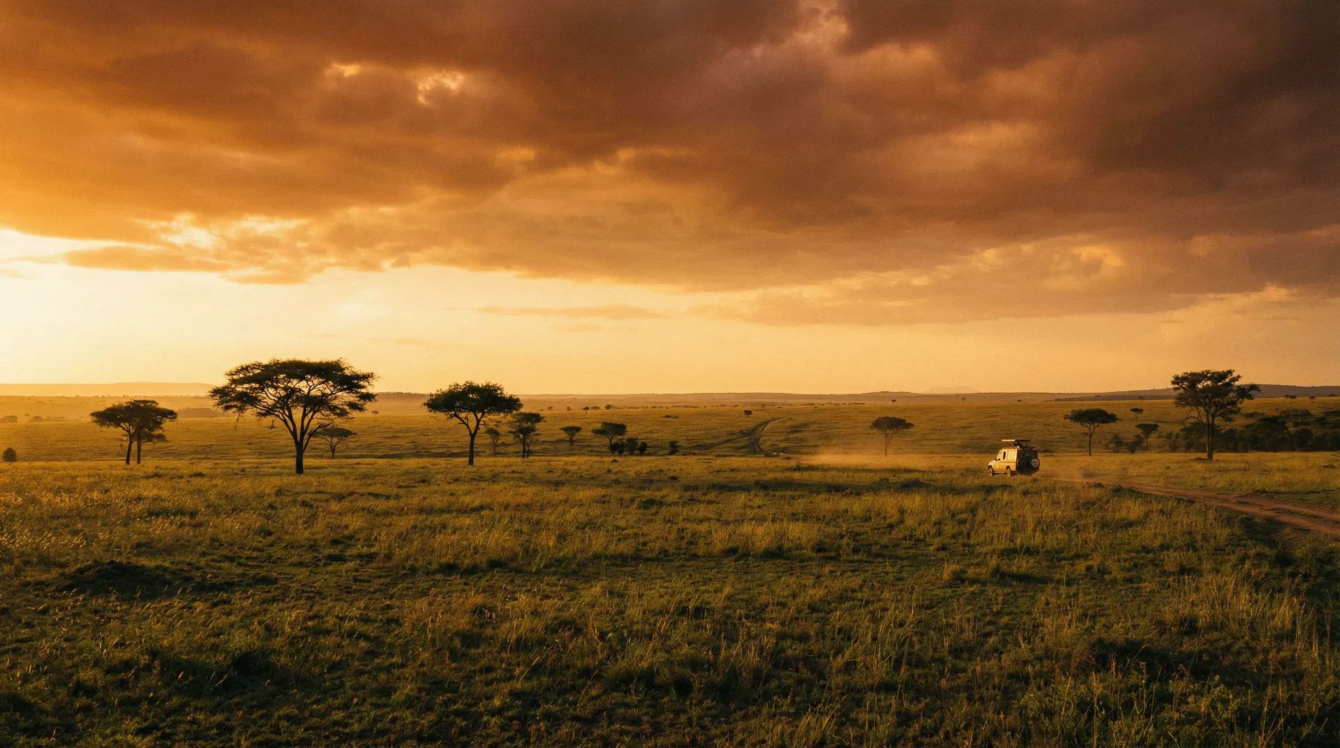 Vast African savanna at golden hour with a lone safari vehicle on a dusty track