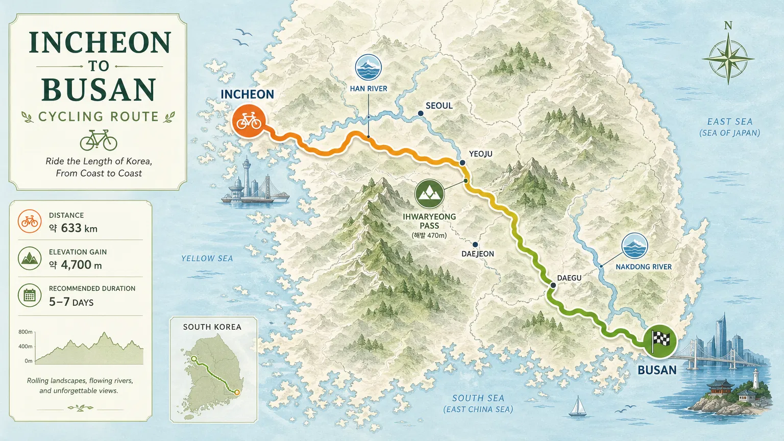 인천에서 부산까지 이어지는 국토종주 자전거 여행 코스를 표현한 일러스트 지도