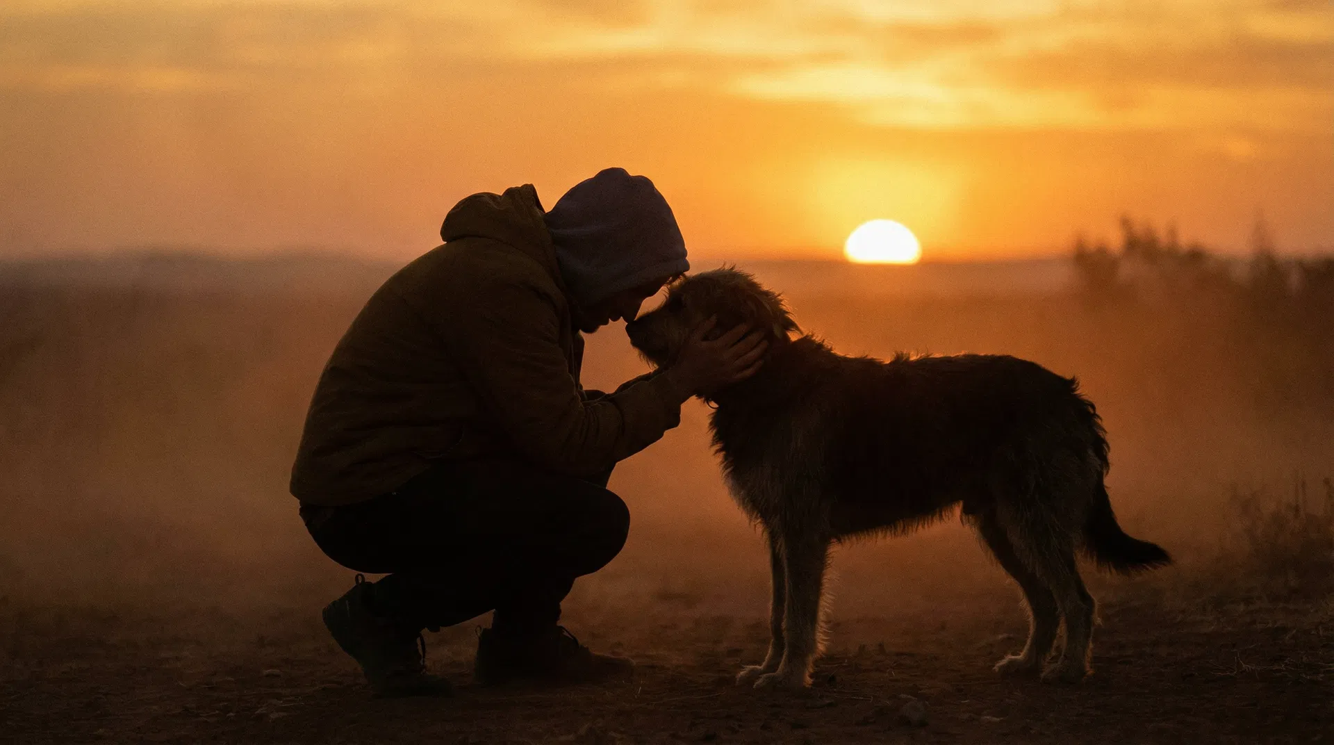 A dog and owner silhouetted against a beautiful South African sunset