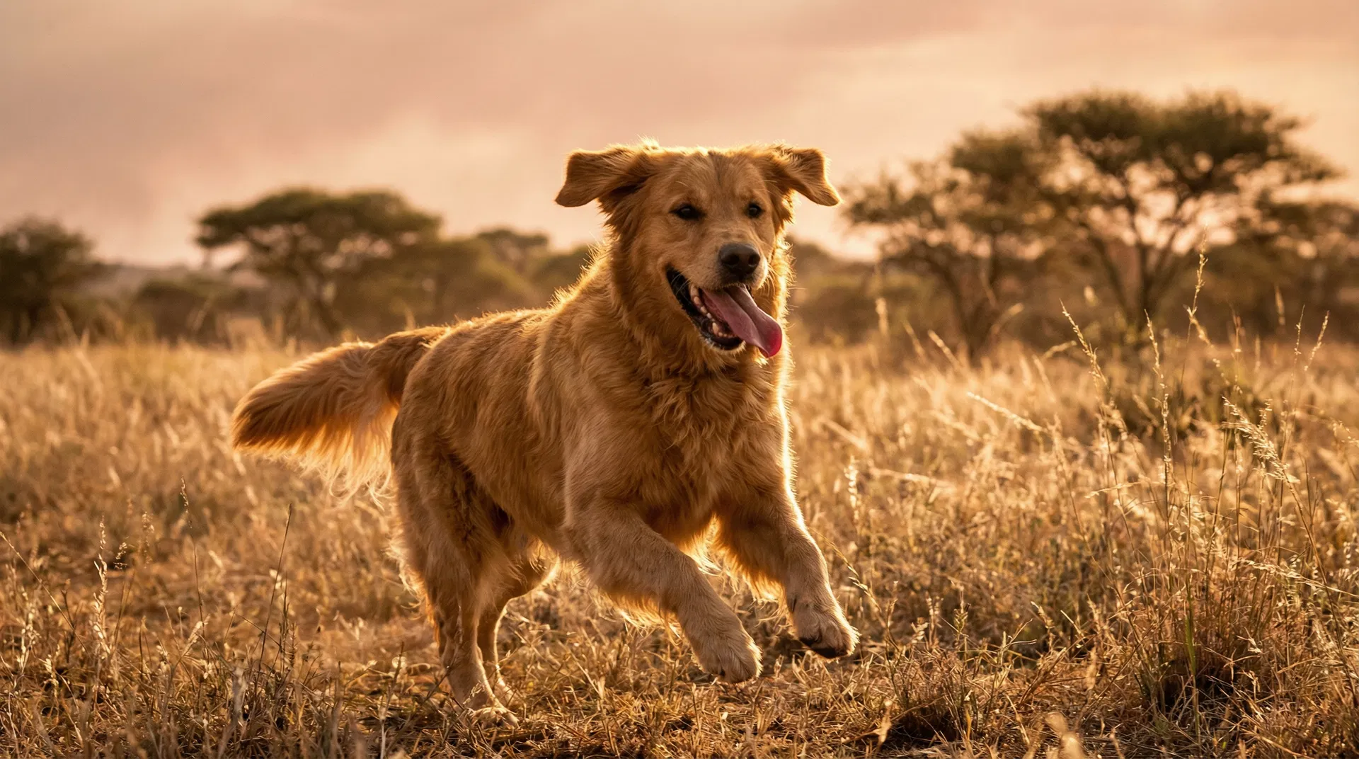 A healthy, joyful dog running through a sunlit South African grassland