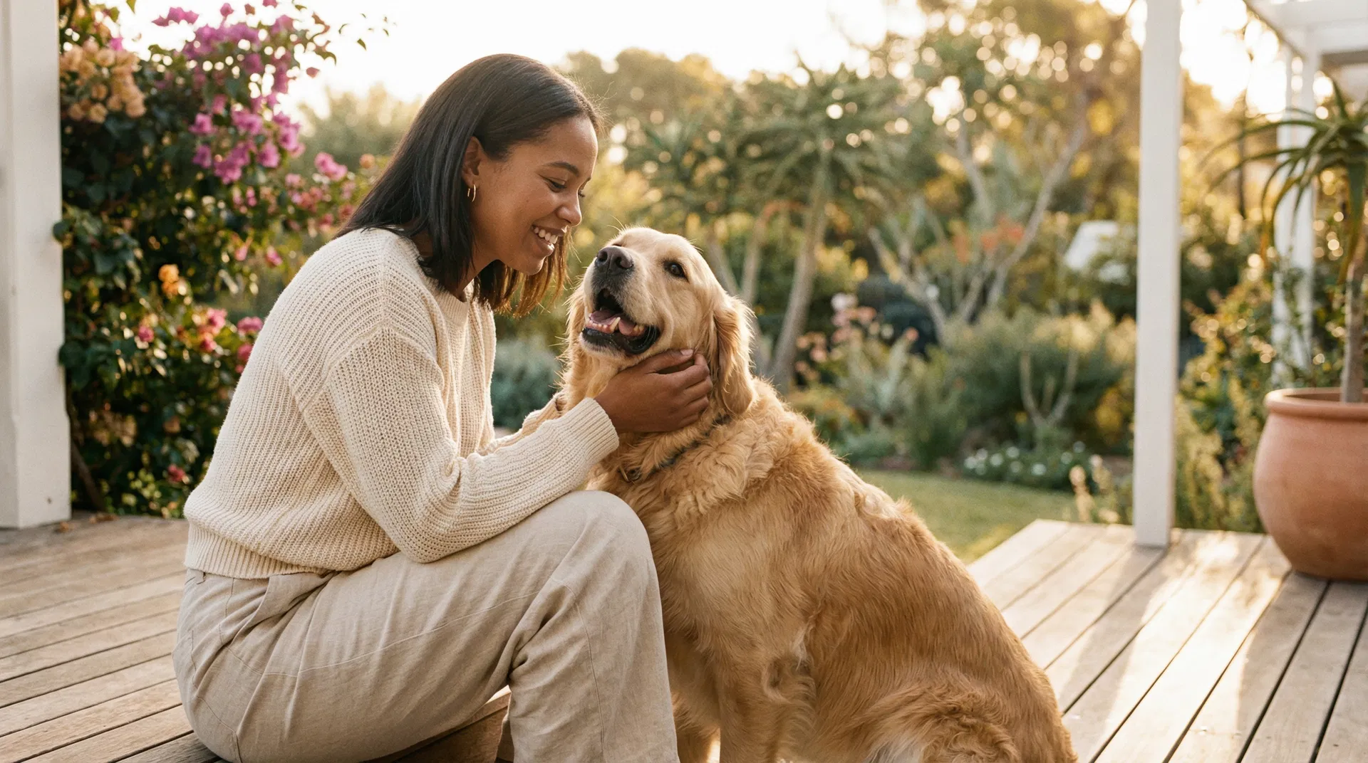 A woman sitting with her golden retriever on a sunlit porch