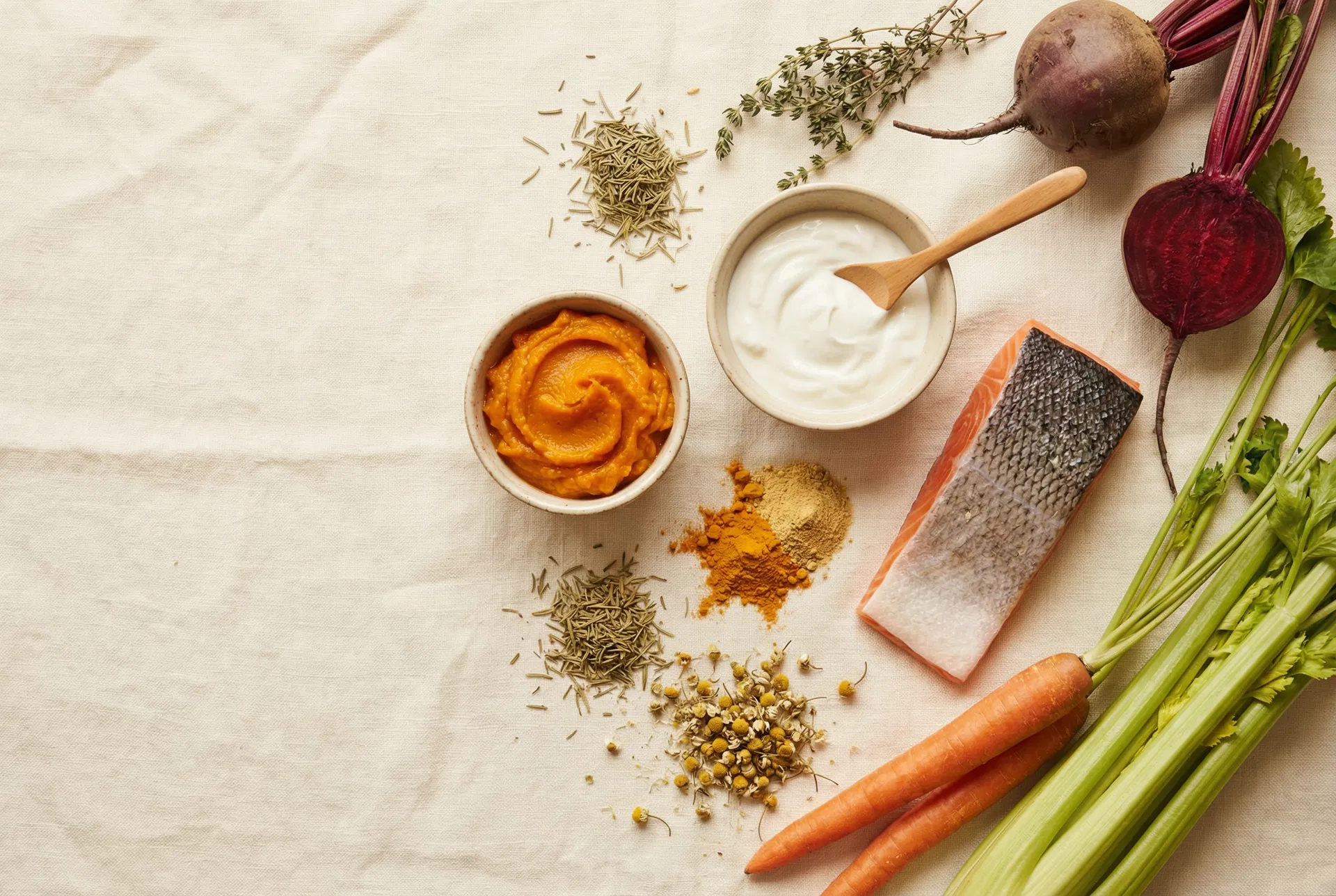Natural botanical ingredients arranged on a warm wooden surface