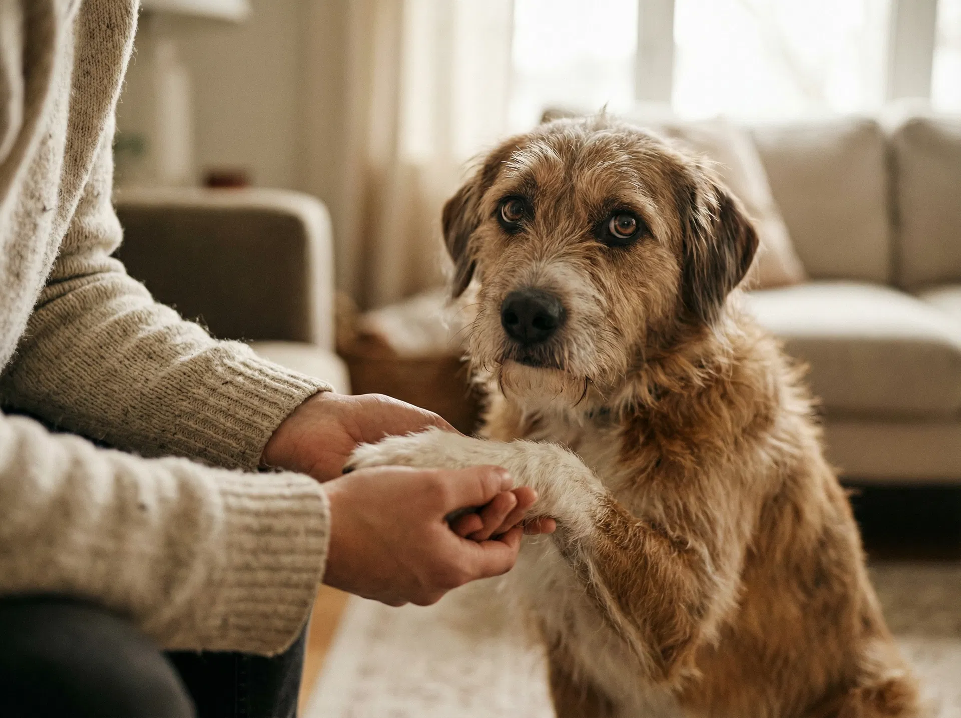 A concerned dog owner gently comforting their dog