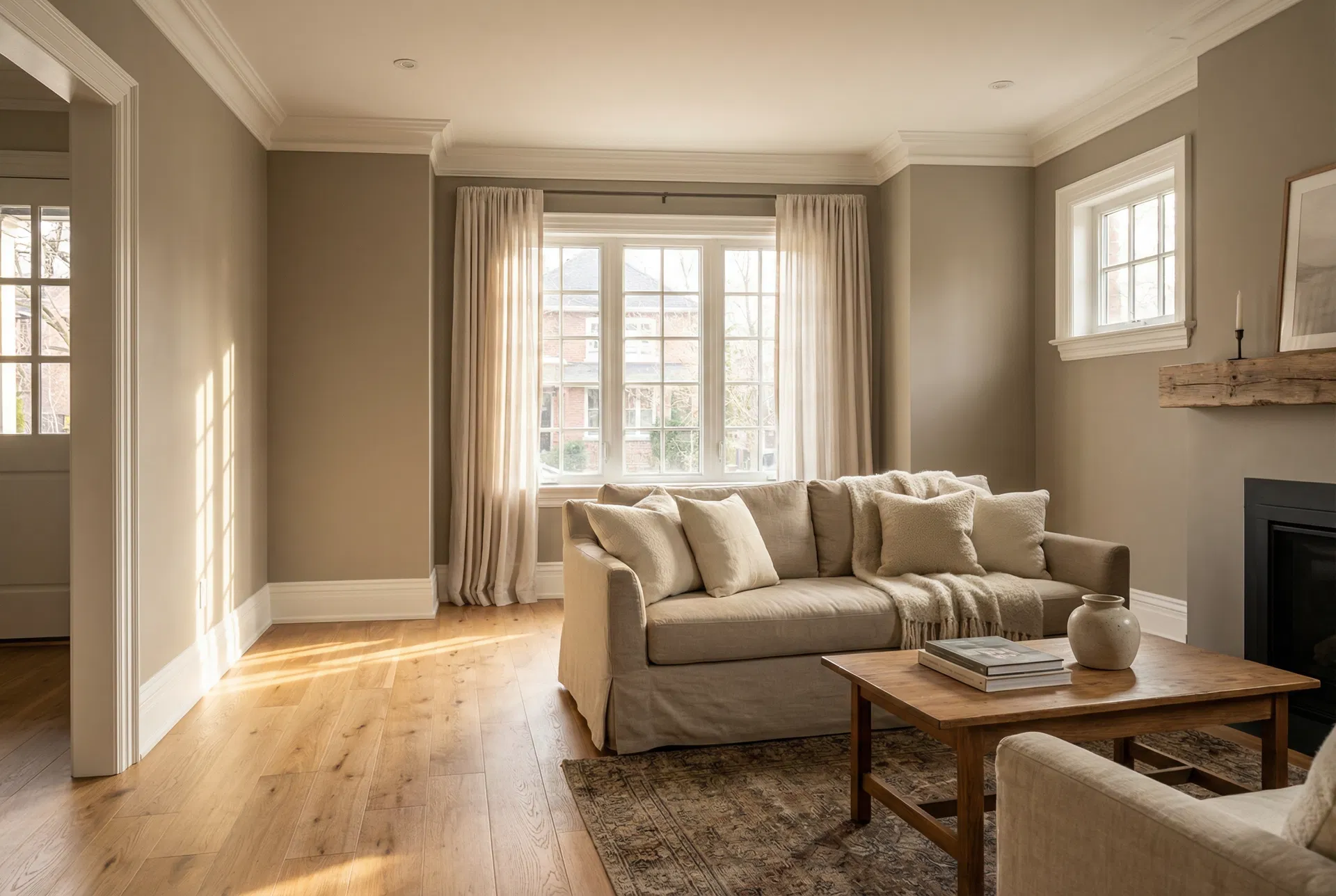 Freshly painted Toronto home living room with warm greige walls, white crown moulding and hardwood floors