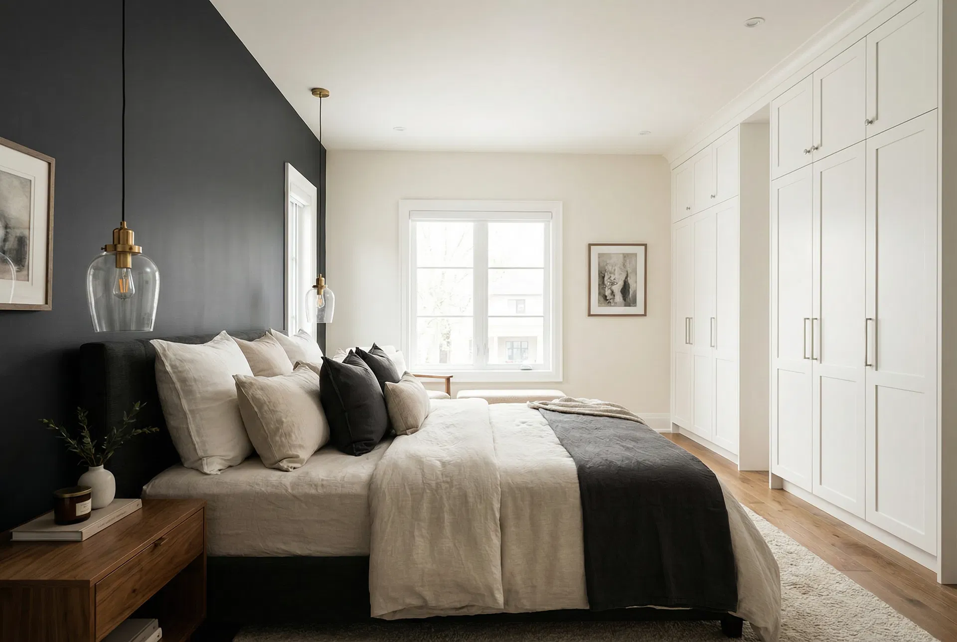 Master bedroom with dramatic charcoal accent wall and warm off-white walls - Toronto custom home